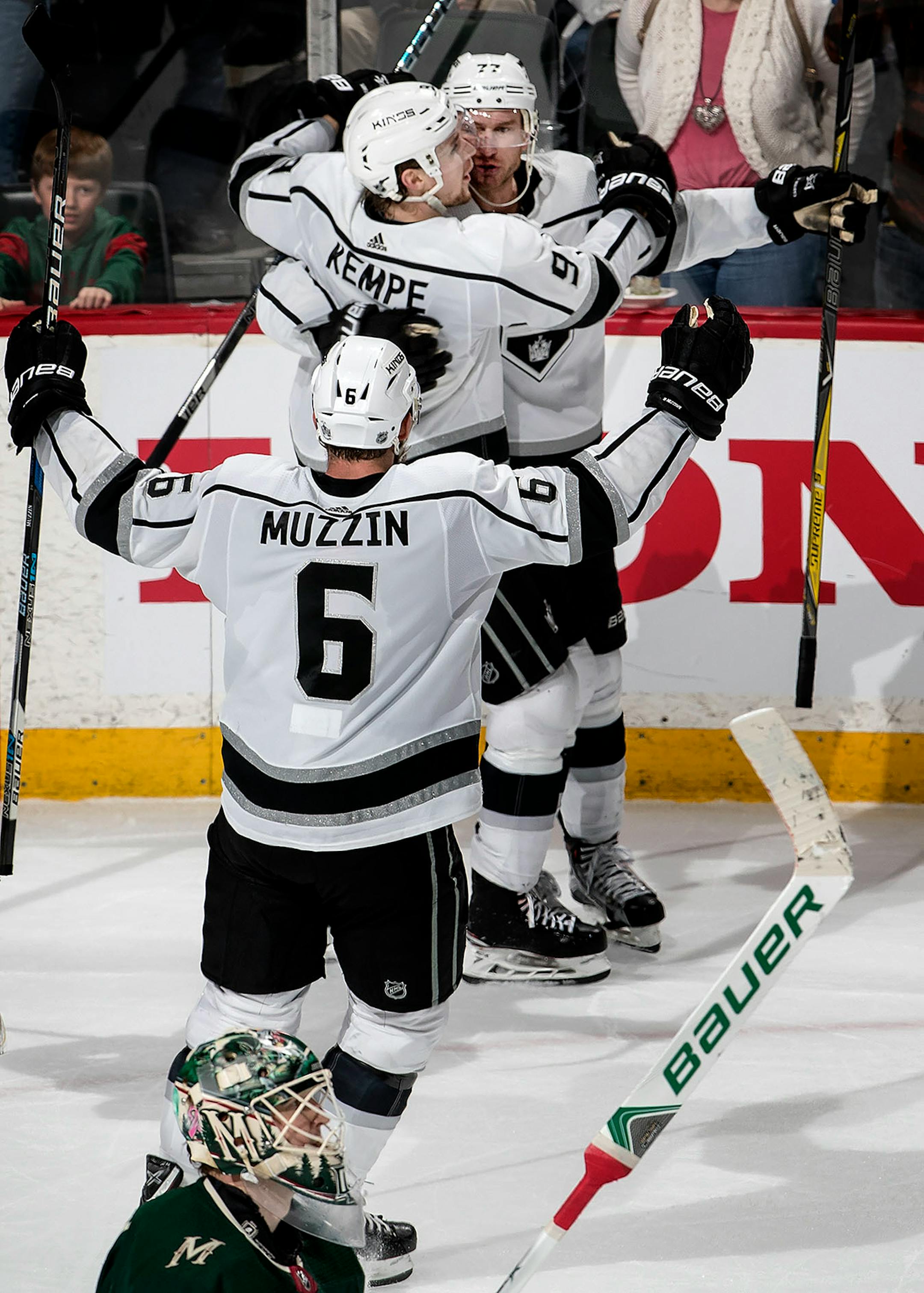 Jeff Carter (77) celebrated with teammates after scoring the game winning goal in overtime.