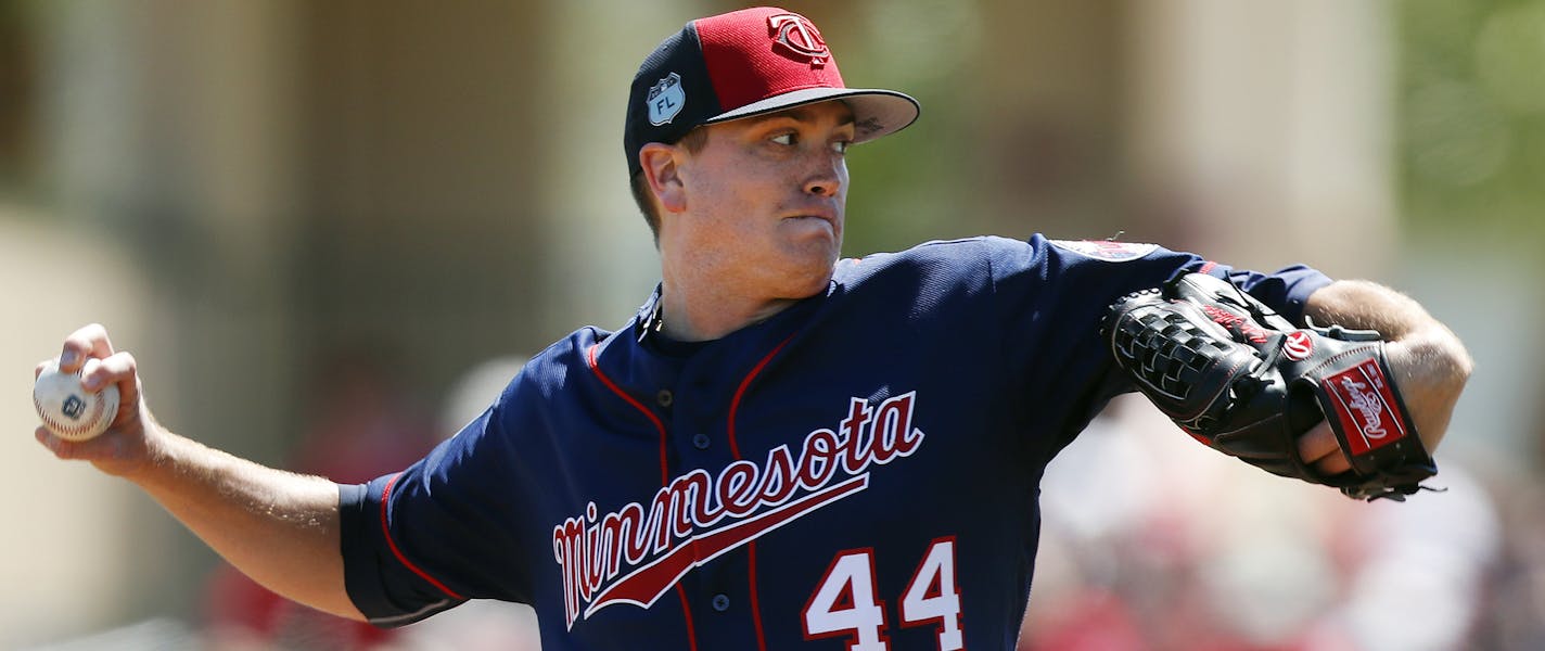 Minnesota Twins starting pitcher Kyle Gibson works the second inning of a spring training baseball game against the St. Louis Cardinals, Thursday, March 16, 2017, in Jupiter, Fla. (AP Photo/John Bazemore)