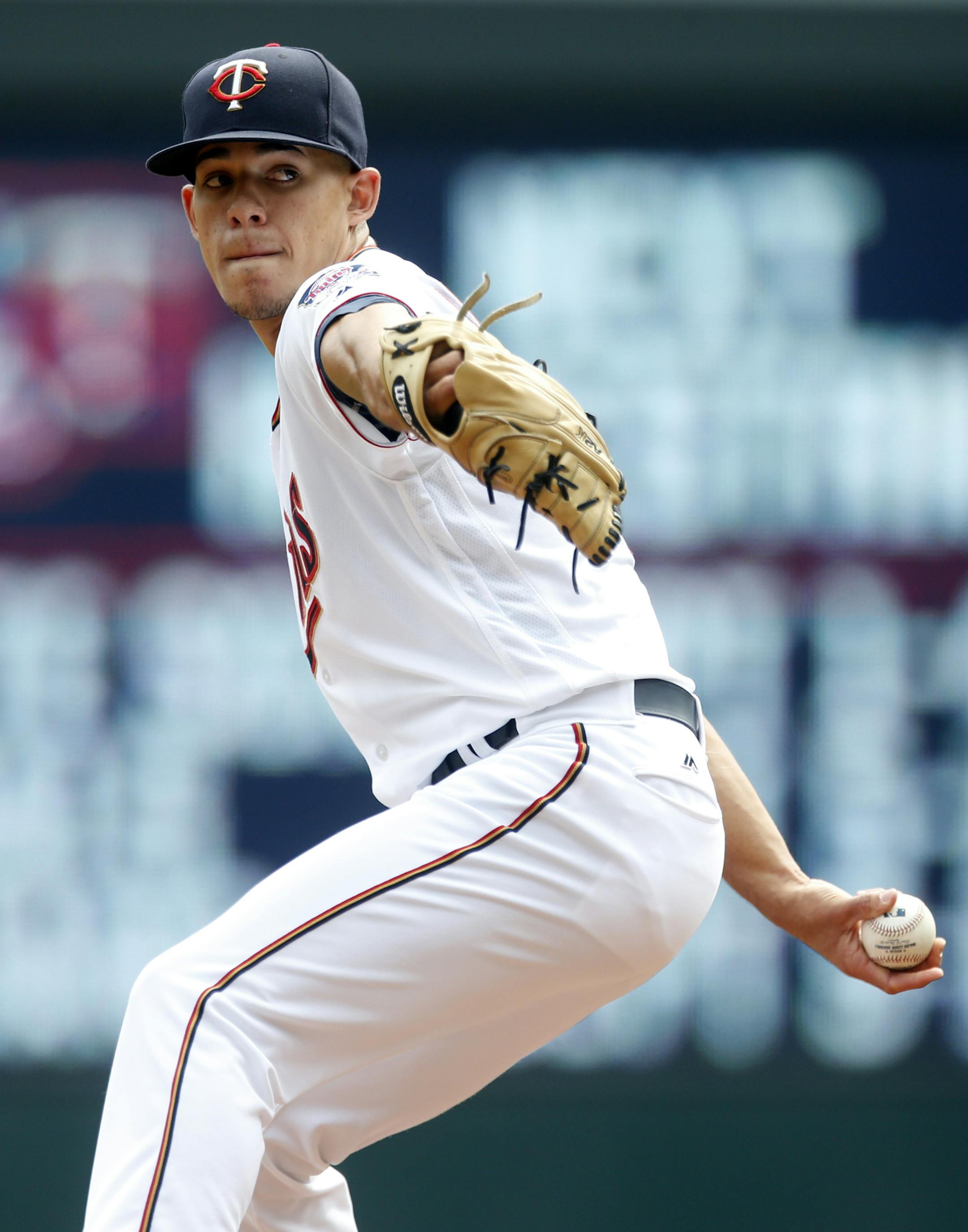 Minnesota Twins pitcher Jose Berrios throws against the Detroit Tigers in the first inning of a baseball game Thursday, Aug. 25, 2016, in Minneapolis. (AP Photo/Jim Mone)