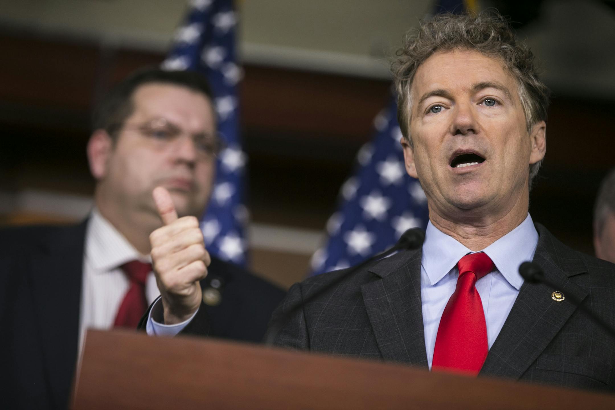 Sen. Rand Paul (R-Ky.), speaks at a news conference to discuss new legislation to replace the Affordable Care Act, on Capitol Hill in Washington, Feb. 15, 2017. In a separate action, the Trump administration on Wednesday proposed new rules to stabilize health insurance markets rocked by efforts to repeal the ACA. (Al Drago/The New York Times)