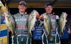 Thor, left, and Mitch Swanson, brothers on the Bemidji State bass fishing team, showed their take on Day 2 at the Midwest Regional at Lake of the Ozar
