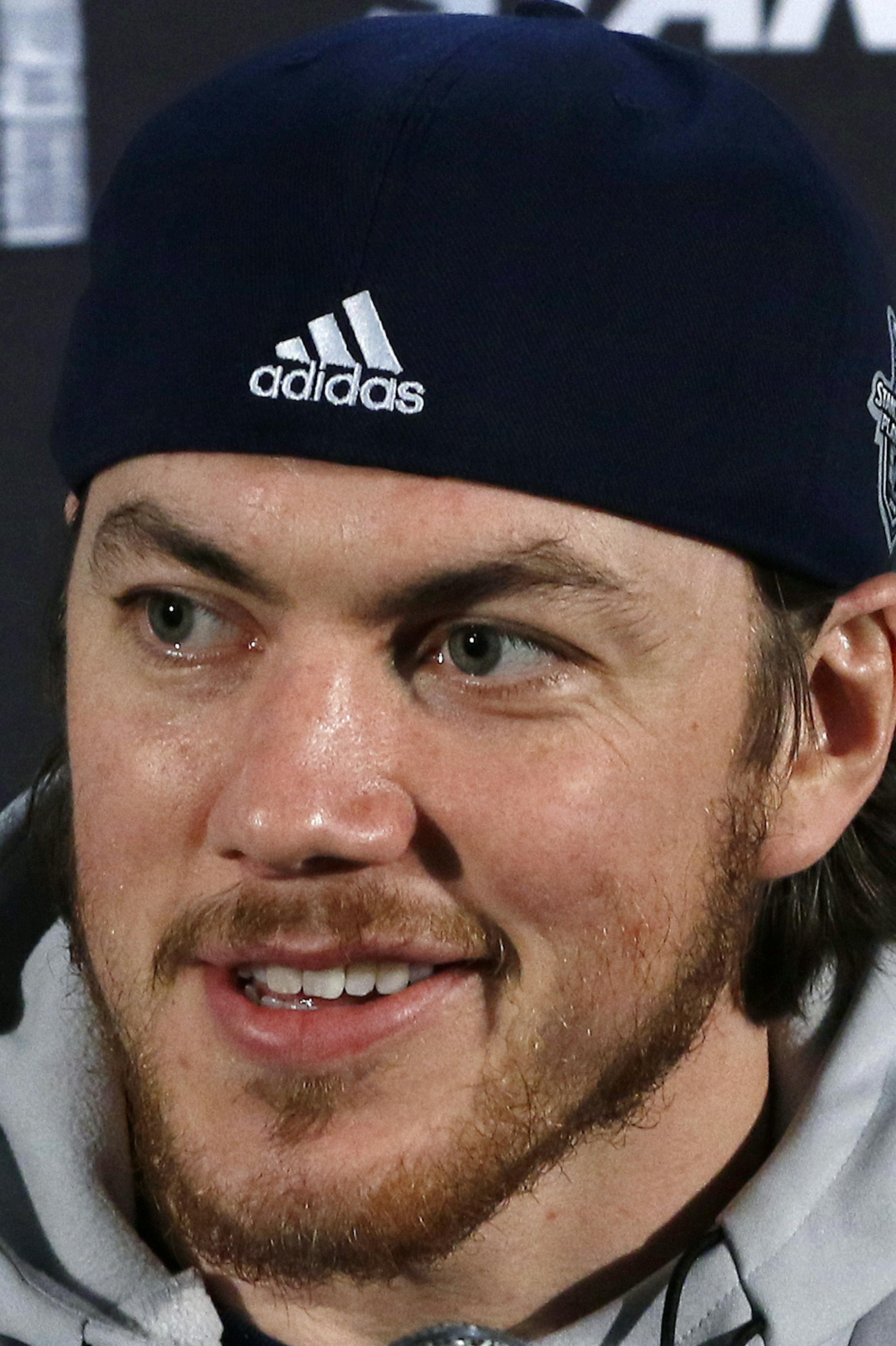 Washington Capitals forward T.J. Oshie speaks to the media, Sunday, June 3, 2018, in Arlington, Va. The Capitals will host the Vegas Golden Knights in Game 4 of the NHL hockey Stanley Cup Final Monday night in Washington. (AP Photo/Bill Sikes)