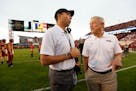 Iowa State coach Matt Campbell, left, talked with Iowa coach Kirk Ferentz before their 2019 clash.