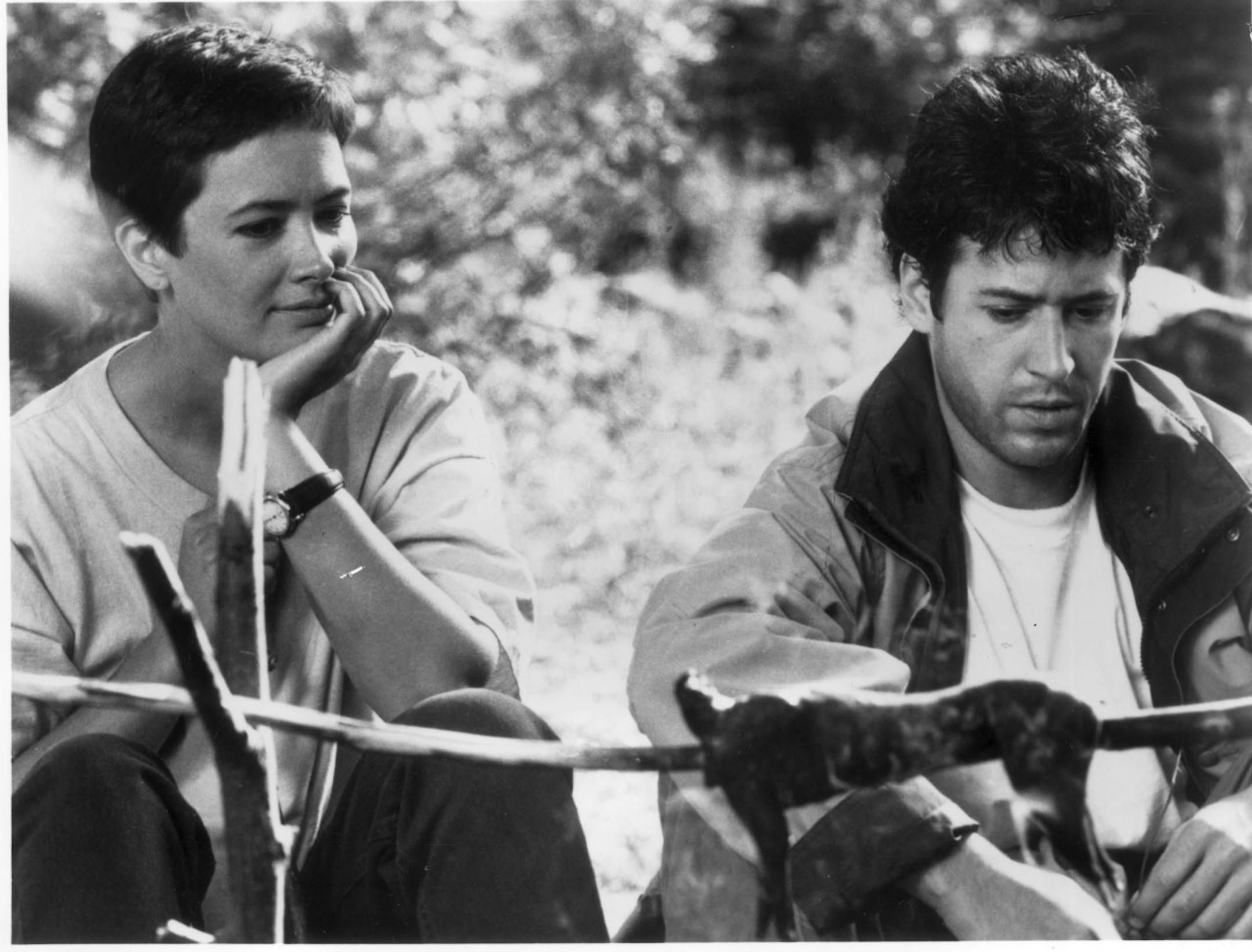 Maggie (played by Janine Turner, at left), and Joel (Rob Morrow, right) are stranded when Maggie's plane goes down in the Alaskan wilderness, in the CBS Television show NORTHERN EXPOSURE.