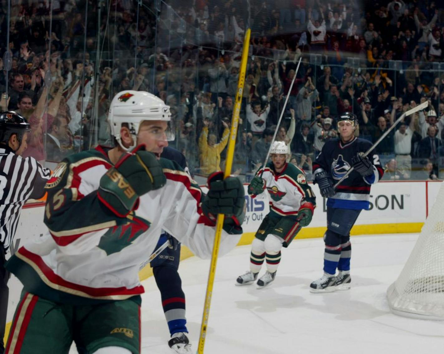 Andrew Brunette (15) celebrates his third period goal Monday night.