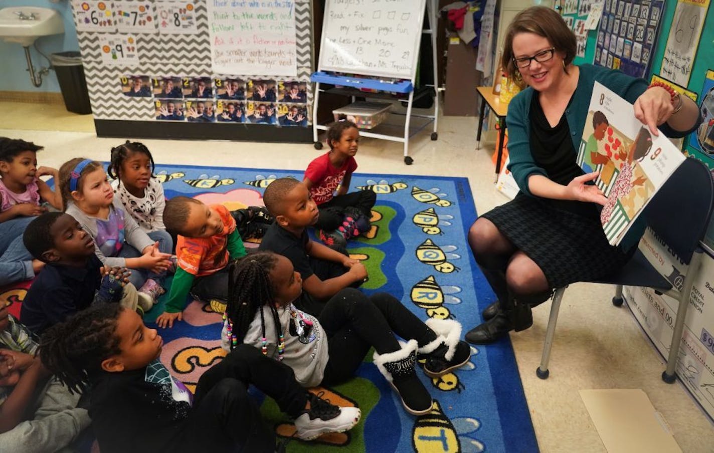 State demographer Susan Brower spoke to Greta Callahan's kindergarten class at Bethune Elementary School in Minneapolis about the 2020 census on Dec. 20. In keeping with the counting theme, Brower read the book "Feast for 10" to the class.