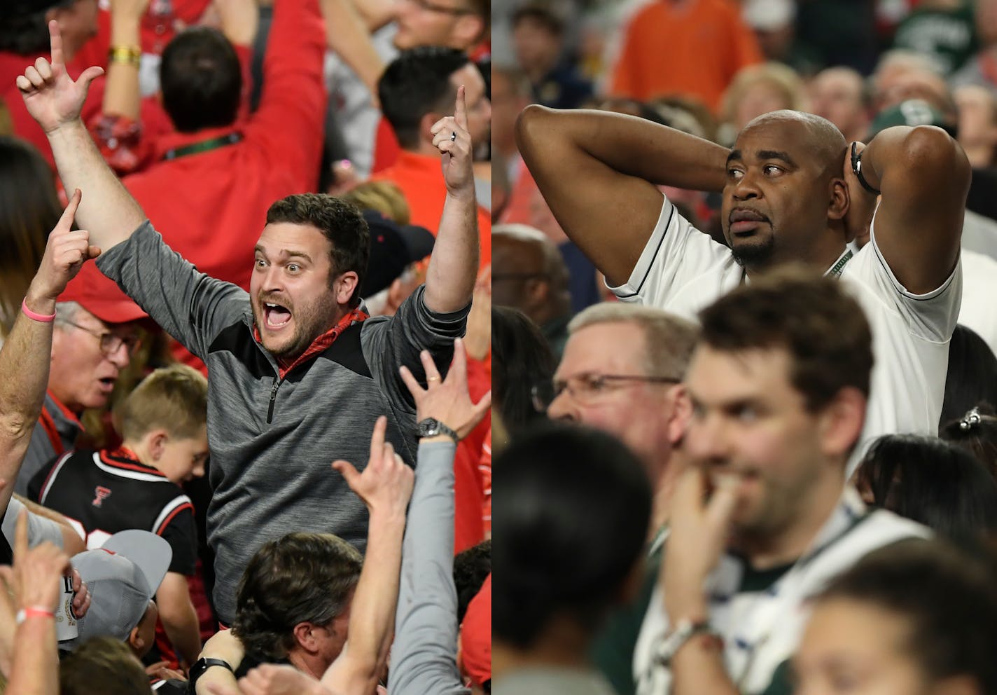 Texas Tech and Michigan State fans had very different reactions at the end of Saturday night's game. Texas Tech played Michigan State in a semifinal of the NCAA Division I Men's Basketball Championship Final Four on Saturday, April 6, 2019 at U.S. Bank Stadium in Minneapolis.