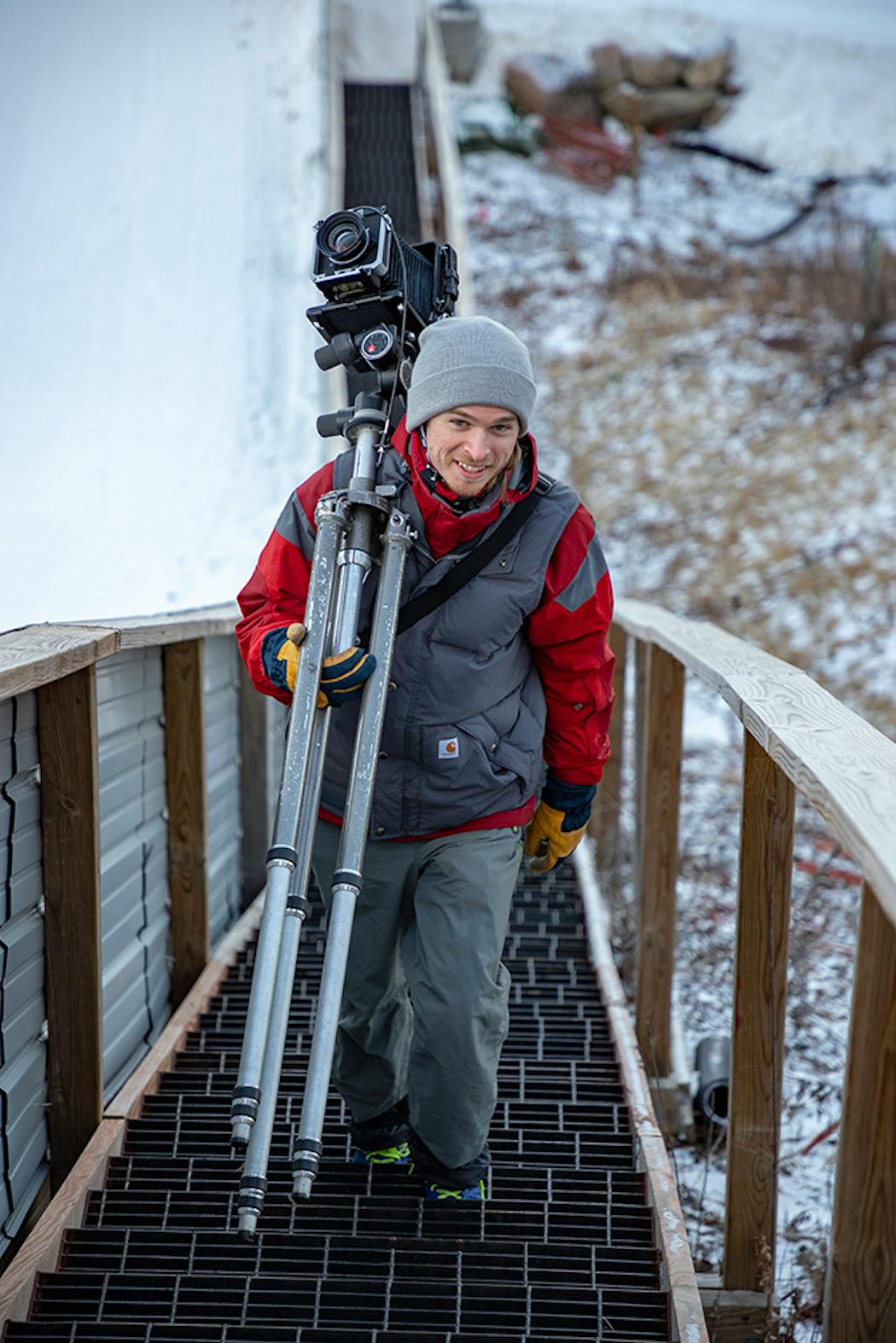 Photographer Cooper Dodds toted his large format camera up the ski jump at Bush Lake in Bloomington.
