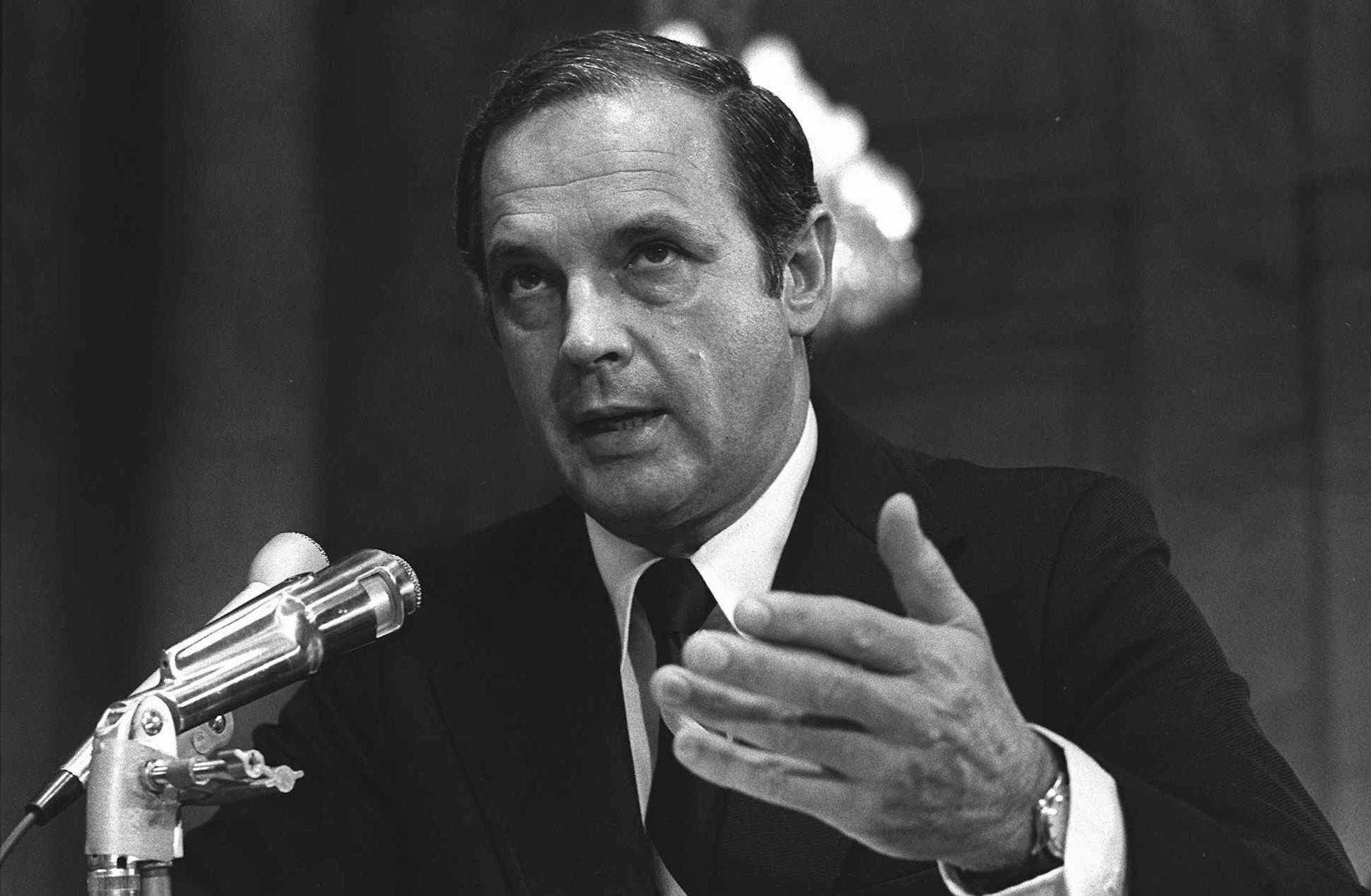 Alexander Porter Butterfield, testifies Monday July 16, 1973 before the Senate Watergate Committee. (AP Photo/File) ORG XMIT: WX167