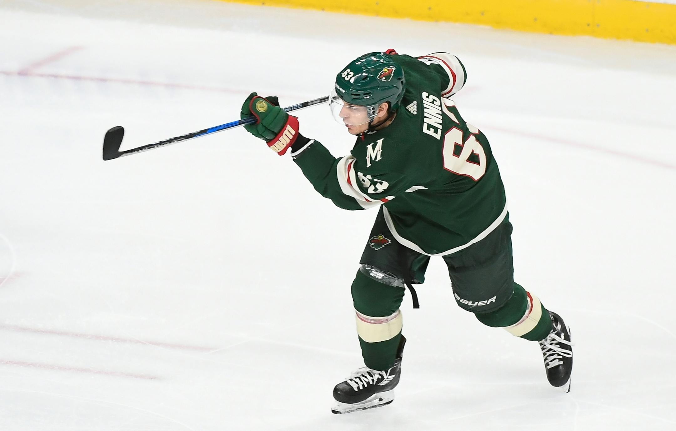 Minnesota Wild left wing Tyler Ennis (63) followed through with his shot as he scored a power play goal against the Columbus Blue Jackets in the second period.