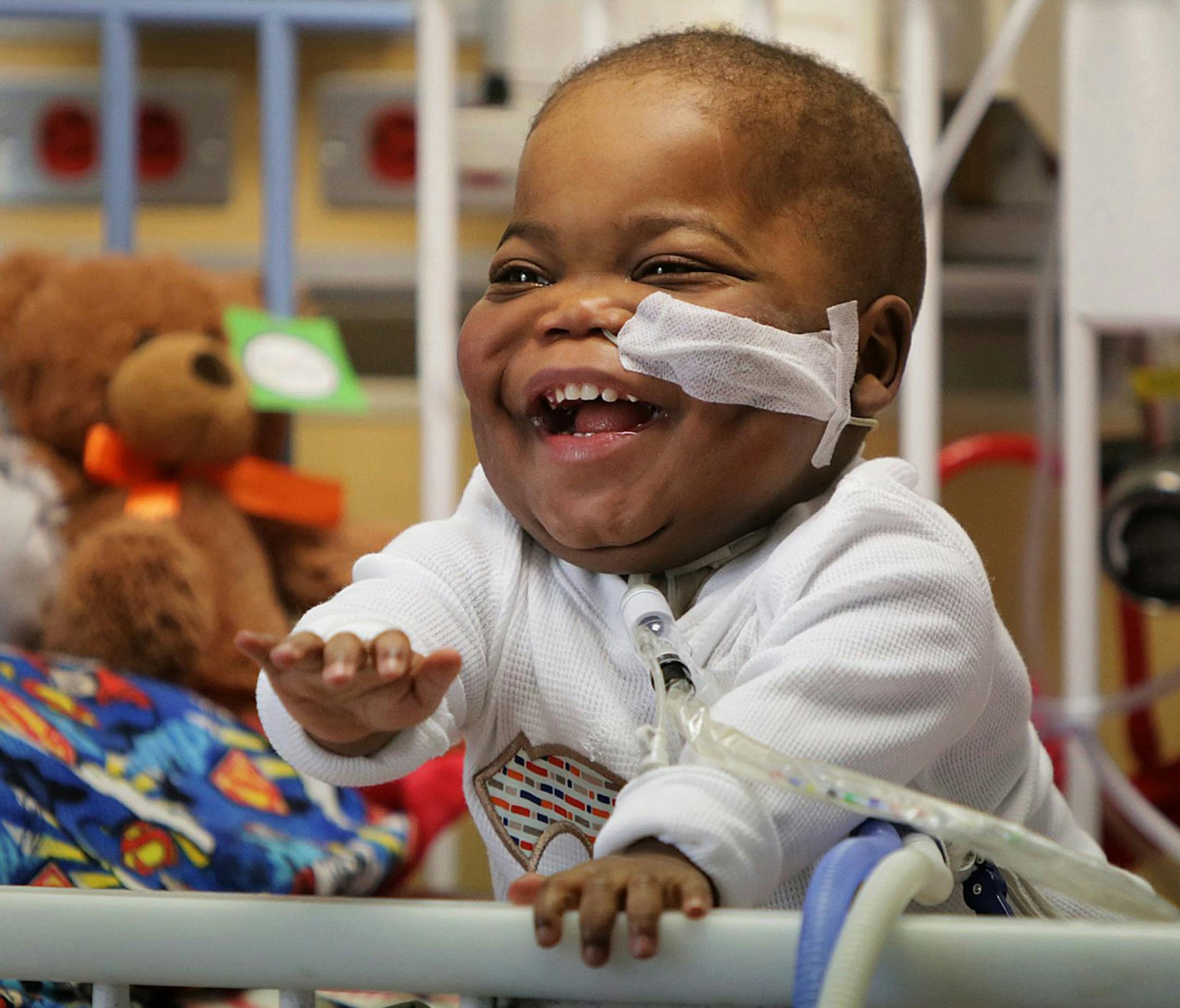 Ke'aiden Proctor prepares for his second birthday party on Saturday, Nov. 14, 2015 at Children's Hospital in St. Louis. Ke'aiden was born at 27 weeks and has chronic lung disease. He requires around-the-clock care at the neonatal intensive-care unit. (Hy Mach/St. Louis Post-Dispatch/TNS)