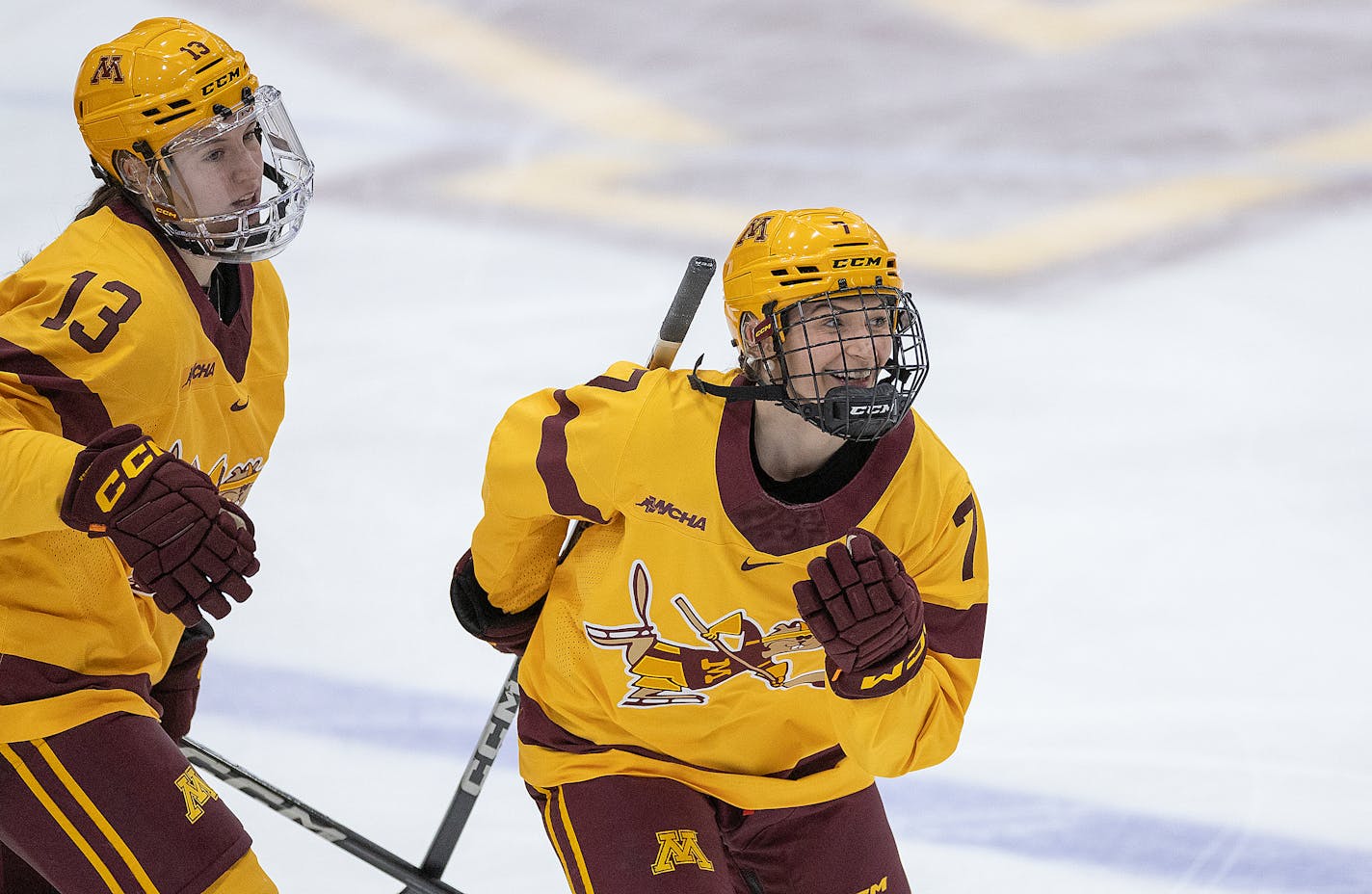 Minnesota's defenseman Nelli Laitinen's (7) celebrates a goal during the second period at Ridder Arena in Minneapolis, Minn., on Friday, Dec. 8, 2023. ] Elizabeth Flores • liz.flores@startribune.com