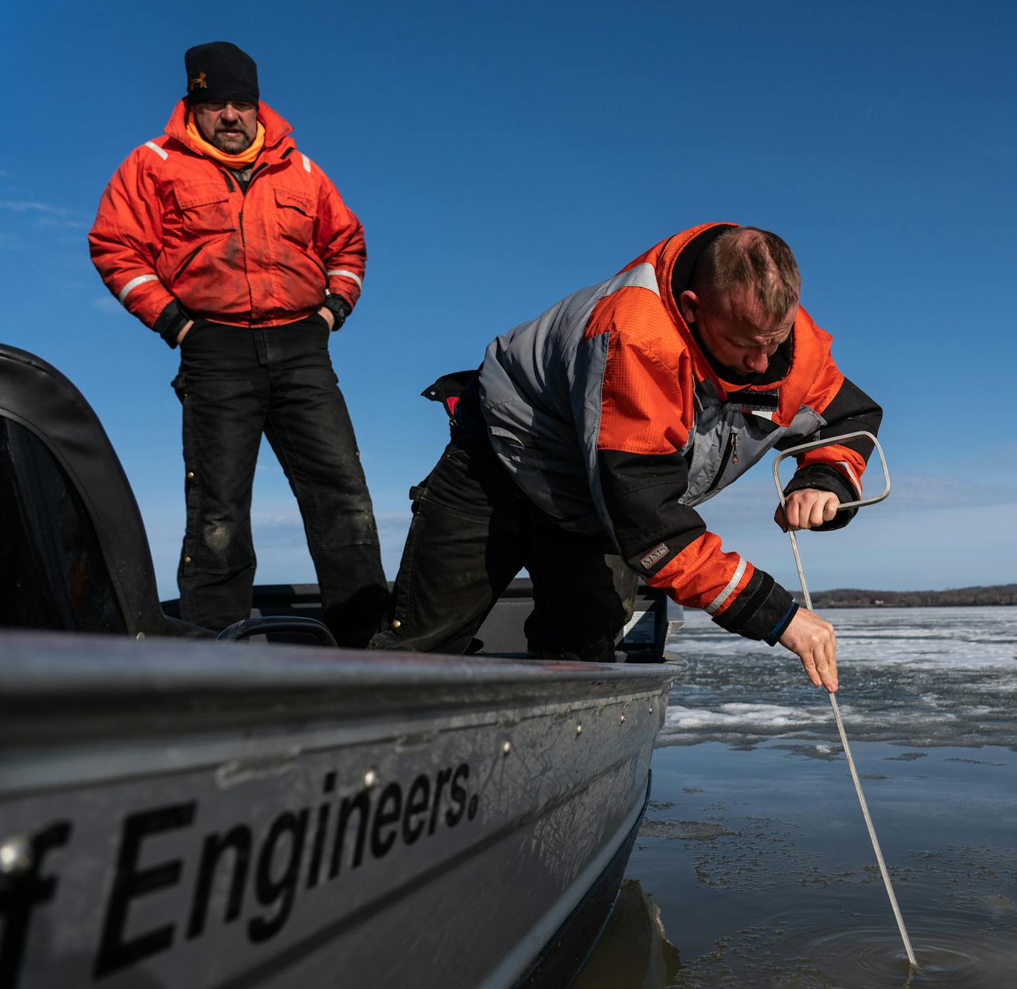 Survey technician Kurt Schroeder found the ice to be about 10 inches thick and a slushy consistency. Schroeder said barge operators would likely make a run in such conditions if high water hadn't closed locks downstream. ] MARK VANCLEAVE &#xa5; The U.S. Army Corps of Engineers surveyed the ice on Lake Pepin to determine if the Mississippi river can be opened for barge traffic Thursday, Mar 28, 2019.