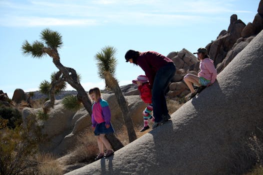 Laura Lundquist (from left), Beatrice Lundquist, Susan Stryk and Jane Lundquist explore the rock formations in Joshua Tree National Park, with the park's namesake tree (a form of yucca) as a backdrop.