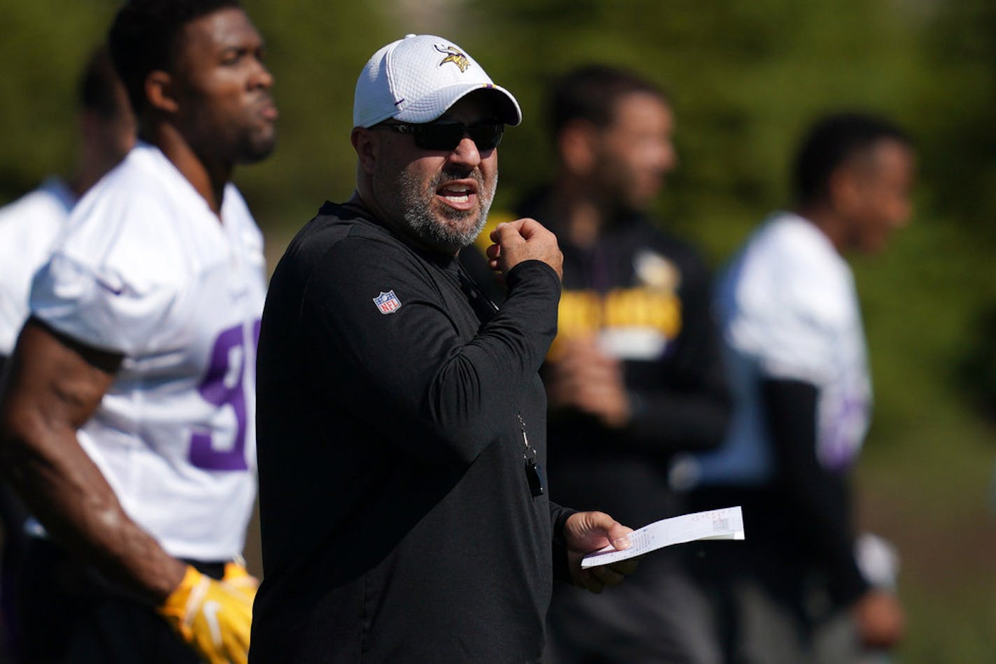 Minnesota Viking special teams coordinator Marwan Maalouf ran his players through a drill during training camp Friday. ] ANTHONY SOUFFLE • anthony.souffle@startribune.com Minnesota Vikings players and coaches took part in training camp Saturday, July 27, 2019 at the TCO Performance Center in Eagan, Minn.