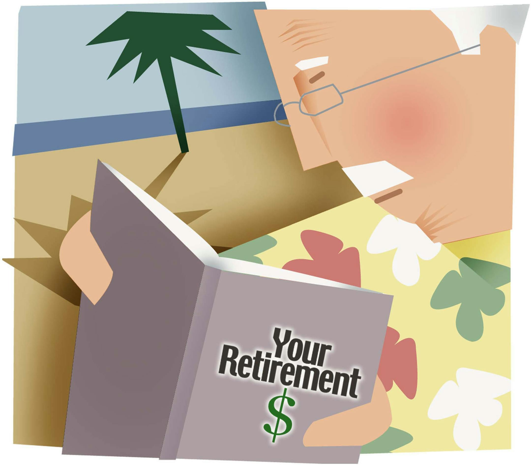 300 dpi 4 col x 6.75 in / 196x171 mm / 667x583 pixels Kathy Hagedorn color illustration of a white-haired gentleman on a tropical beach reading a book titled "Your Retirement." Akron Beacon Journal 2001 With NORETIRE, Knight Ridder by Gloria Irwin