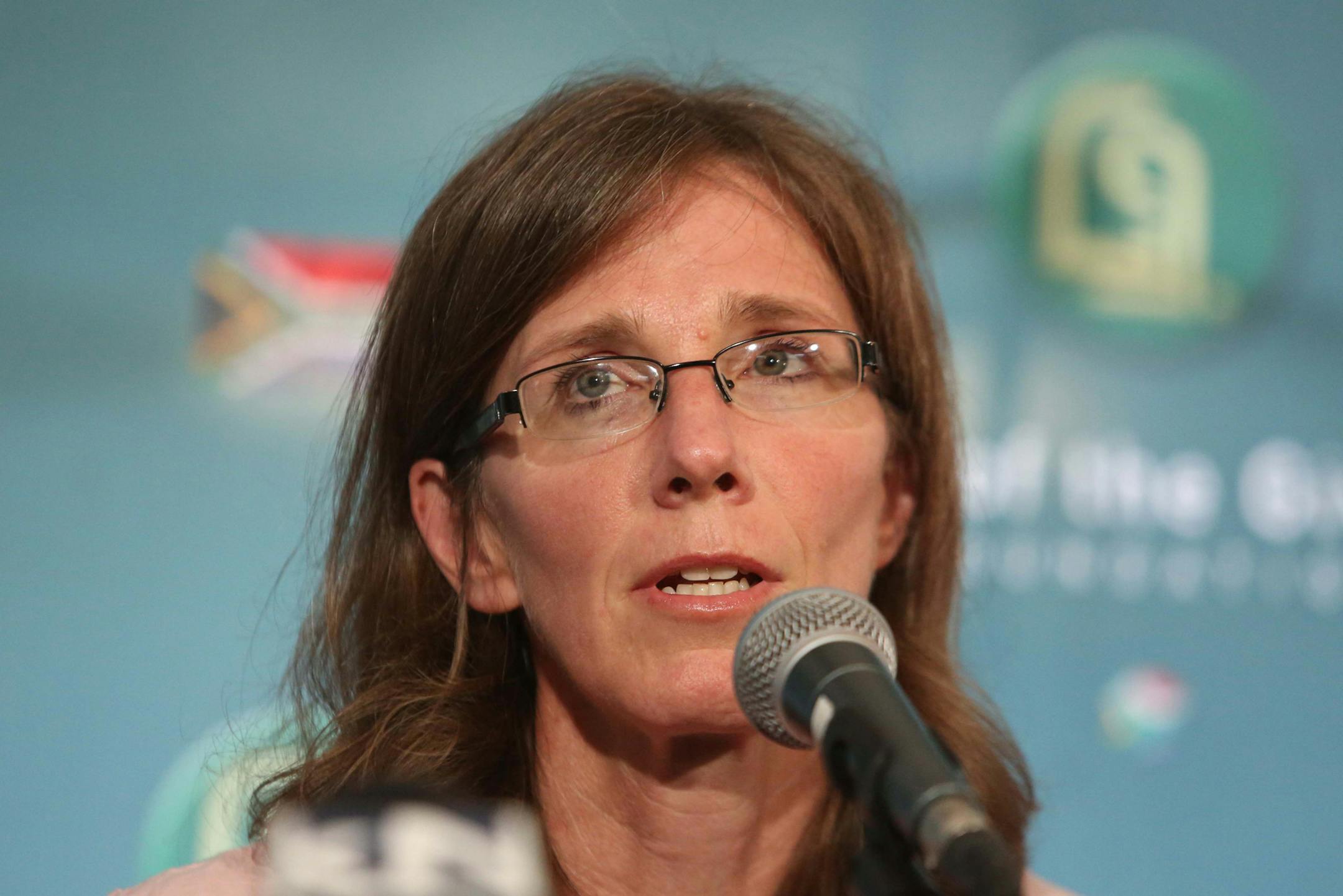 Yolande Korkie, during a press conference in Johannesburg, Tuesday, Dec. 9, 2014, where she spoke of her husband, Pierre Korkie, who, according to American officials was killed by militants during an attempted rescue operation in Yemen, alongside American hostage Luke Somers, Saturday. Korkie says that she forgives those who are responsible for her husband's death. (AP Photo/Sydney Seshibedi)