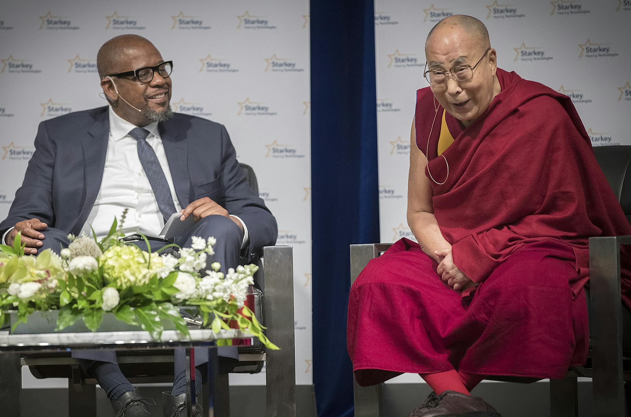 Actor Forest Whitaker and the Dalai Lama, who burst out in laughter, participated in a panel discussion at Starkey Hearing Technologies, Friday, June 23, 2017 in Eden Prairie, MN. ] ELIZABETH FLORES &#xef; liz.flores@startribune.com