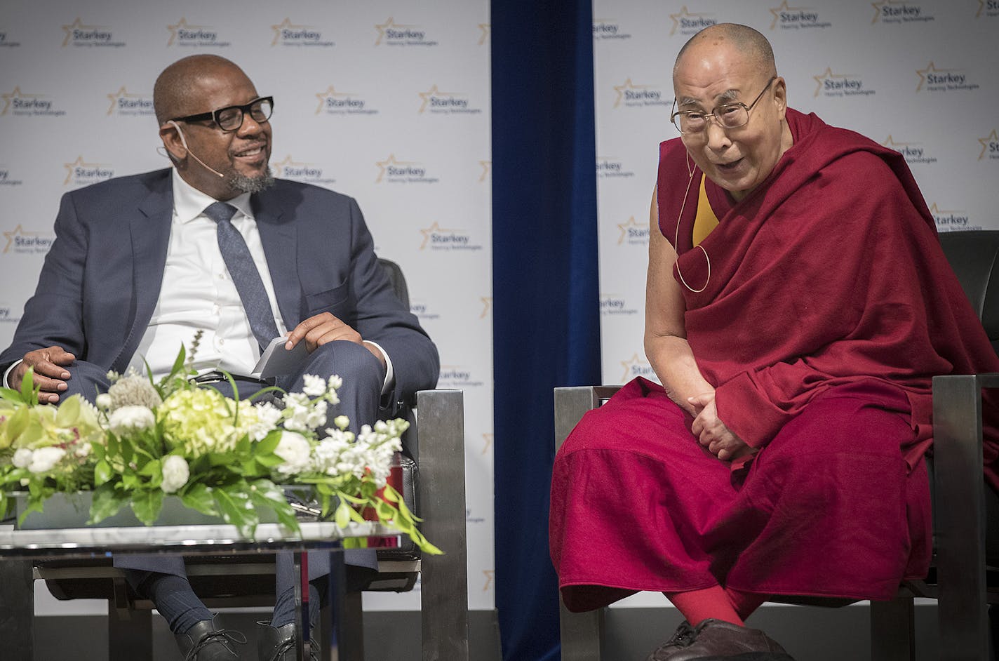 Actor Forest Whitaker and the Dalai Lama, who burst out in laughter, participated in a panel discussion at Starkey Hearing Technologies, Friday, June 23, 2017 in Eden Prairie, MN. ] ELIZABETH FLORES &#xef; liz.flores@startribune.com