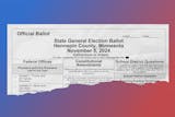 A photo illustration of a torn Hennepin County 2024 general election ballot on top of a blue and red gradient background.