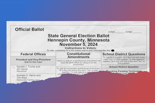 A photo illustration of a torn Hennepin County 2024 general election ballot on top of a blue and red gradient background.