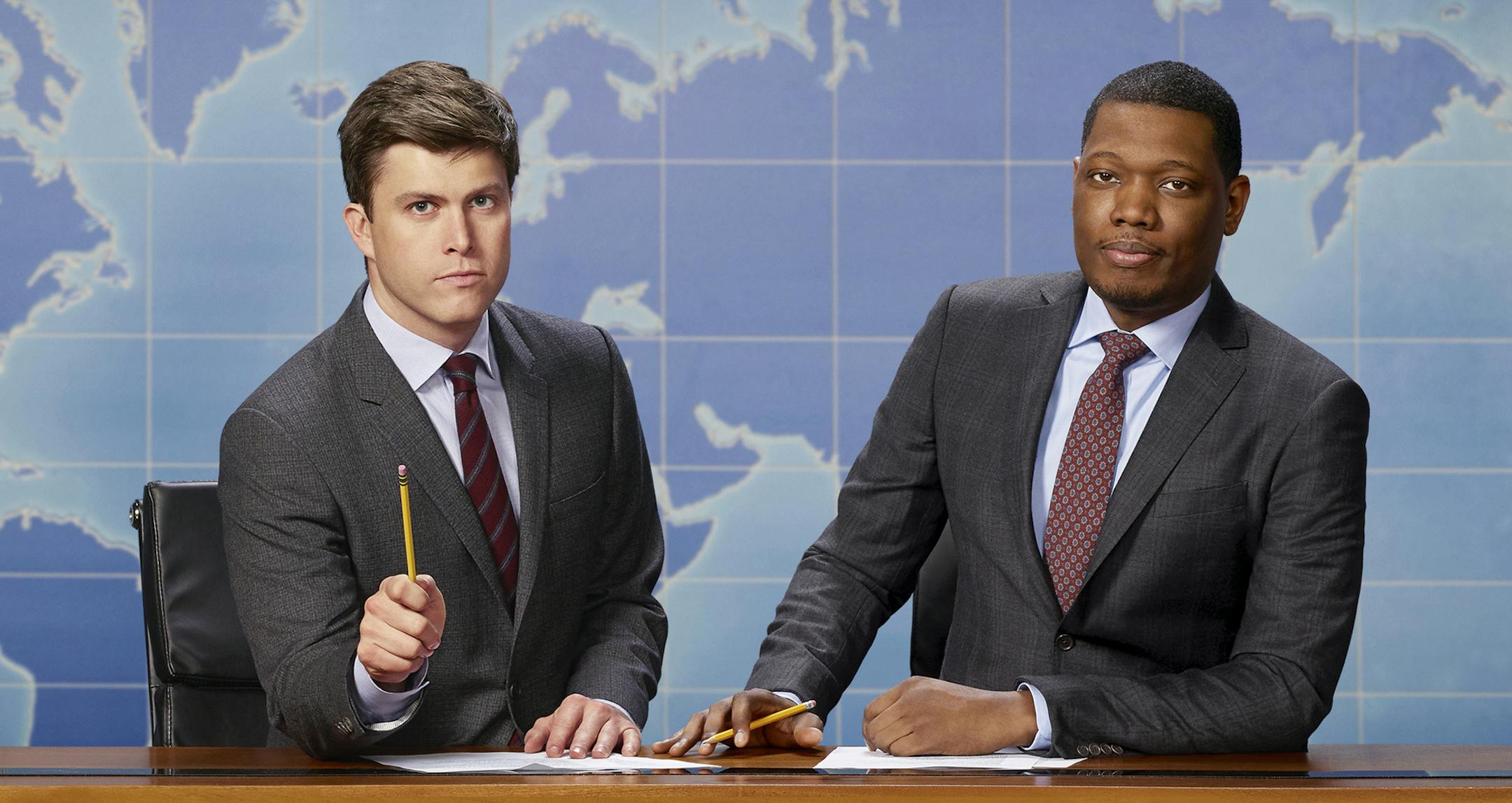 SATURDAY NIGHT LIVE: WEEKEND UPDATE -- Season 1 -- Pictured: (l-r) Colin Jost, Michael Che -- (Photo by: Mark Ellen Matthews/NBC) ORG XMIT: Season:1