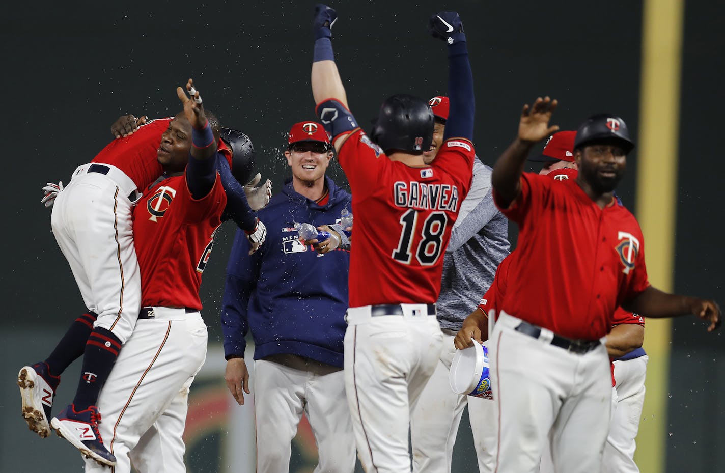 Minnesota Twins third baseman Miguel Sano (22) carries Minnesota Twins second baseman Ronald Torreyes (74) after their walk-off win. ] LEILA NAVIDI &#x2022; leila.navidi@startribune.com BACKGROUND INFORMATION: The Minnesota Twins play the Chicago White Sox at Target Field in Minneapolis on Tuesday, September 17, 2019. The Minnesota Twins won 9-8 in a 12th inning walk-off after Minnesota Twins second baseman Ronald Torreyes (74) was hit by a pitch while the bases were loaded.