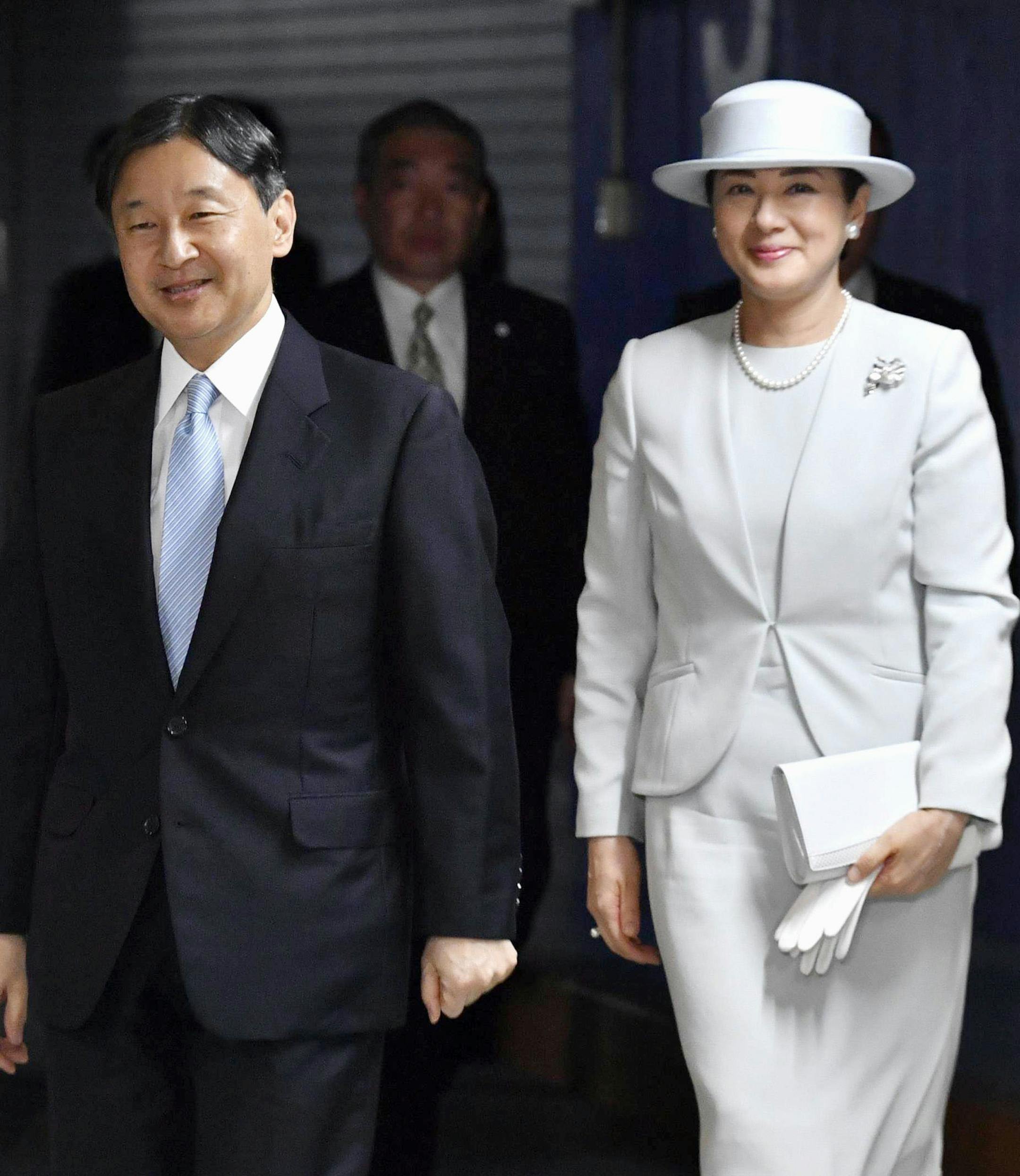 Japanese Emperor Naruhito (L) and Empress Masako arrive at the venue for a ceremony marking the 70th anniversary of enforcement of the nation's offenders rehabilitation system in Tokyo on Oct. 7, 2019. (Kyodo via AP Images) ==Kyodo ORG XMIT: KYDPL