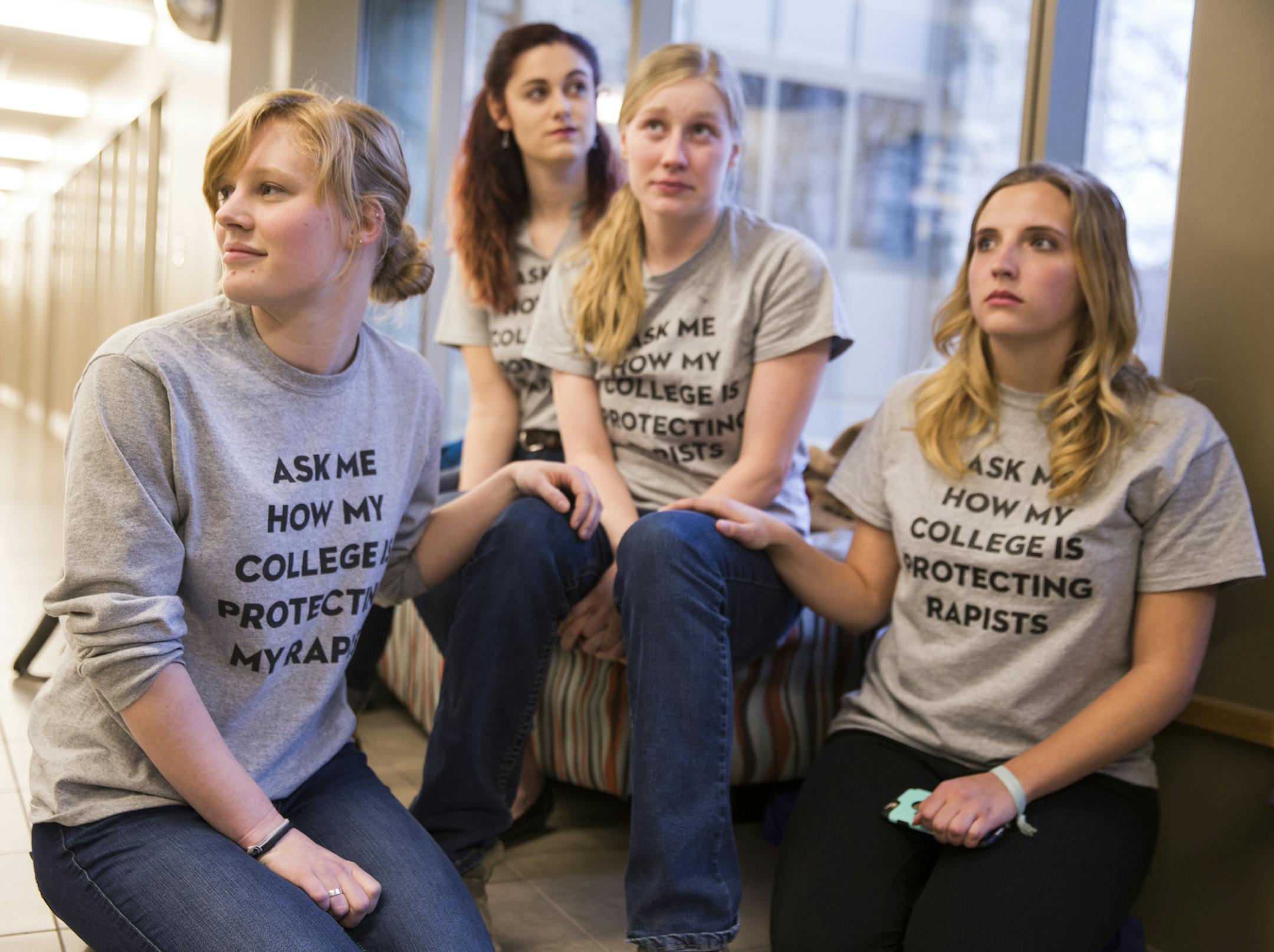 St. Olaf College students Madeline Wilson, from left, Kailee Oram and Caroline Meserve, all members of group demanding changes on how the campus handles sexual assault charges, have a discussion about sexual assault on campus. ] (Leila Navidi/Star Tribune) leila.navidi@startribune.com BACKGROUND INFORMATION: Wednesday, April 6, 2016 at St. Olaf College in Northfield. Last week, Madeline Wilson started raising eyebrows at St. Olaf College with a T-shirt: "Ask me how my college is protecting my ra