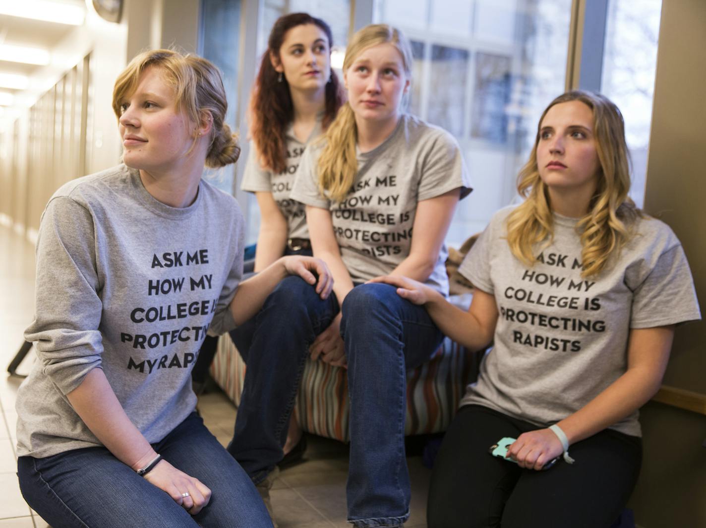 St. Olaf College students Madeline Wilson, from left, Kailee Oram and Caroline Meserve, all members of group demanding changes on how the campus handles sexual assault charges, have a discussion about sexual assault on campus. ] (Leila Navidi/Star Tribune) leila.navidi@startribune.com BACKGROUND INFORMATION: Wednesday, April 6, 2016 at St. Olaf College in Northfield. Last week, Madeline Wilson started raising eyebrows at St. Olaf College with a T-shirt: "Ask me how my college is protecting my ra