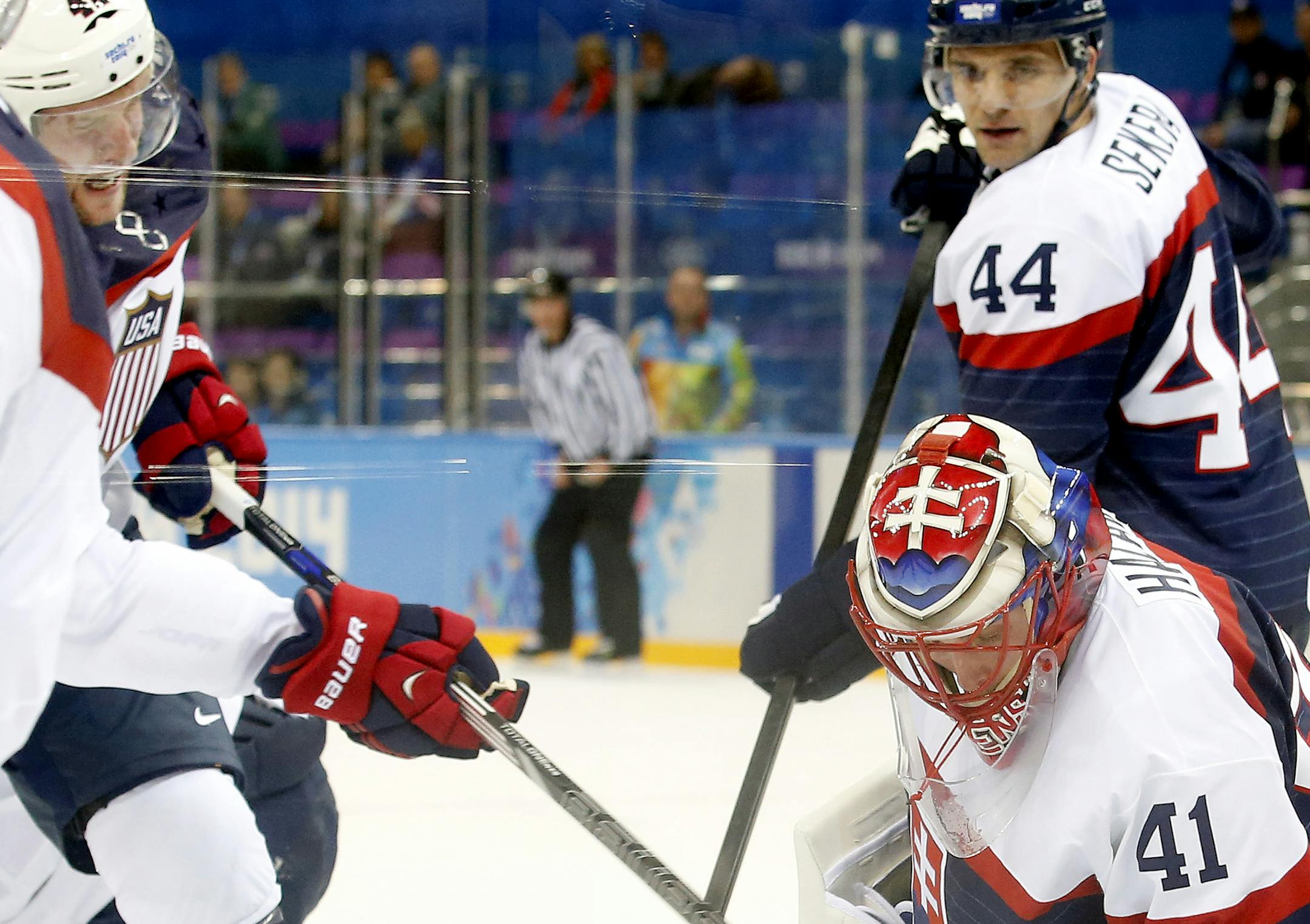David Backes (42) shot the puck past Slovakia goalie Jaroslav Halak (41) for a goal in the second period. USA beat Slovakia by a final score of 7-1. The Americans led 1-0 at the first intermission on the strength of a goal by John Carlson (Colonia, N.J.) at the 14:27 mark. Tomas Tatar evened the contest moments into the second period with a goal at 20:24, which served to ignite an offensive flurry by the U.S. Ryan Kesler (Livonia, Mich.) started the assault at 21:26, and Stastny added his first