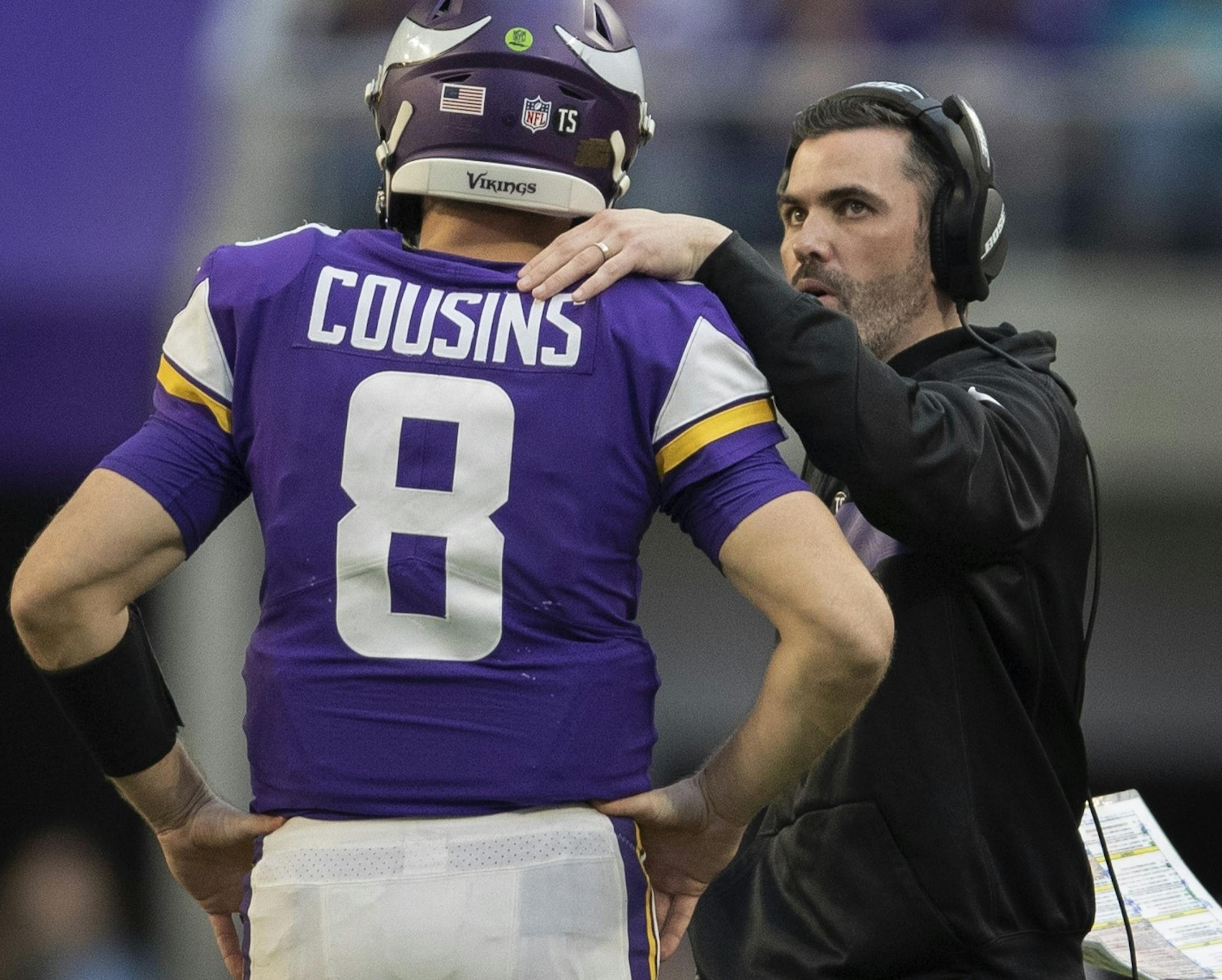 Vikings interim offensive coordinators Kevin Stefanski talked with Kirk Cousins in the forth quarter at U.S. Bank Stadium Sunday December 16, 2018 in Minneapolis, MN.