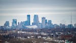 The Minneapolis skyline as seen from downtown St. Paul. 