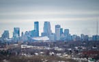 The Minneapolis skyline as seen from downtown St. Paul.