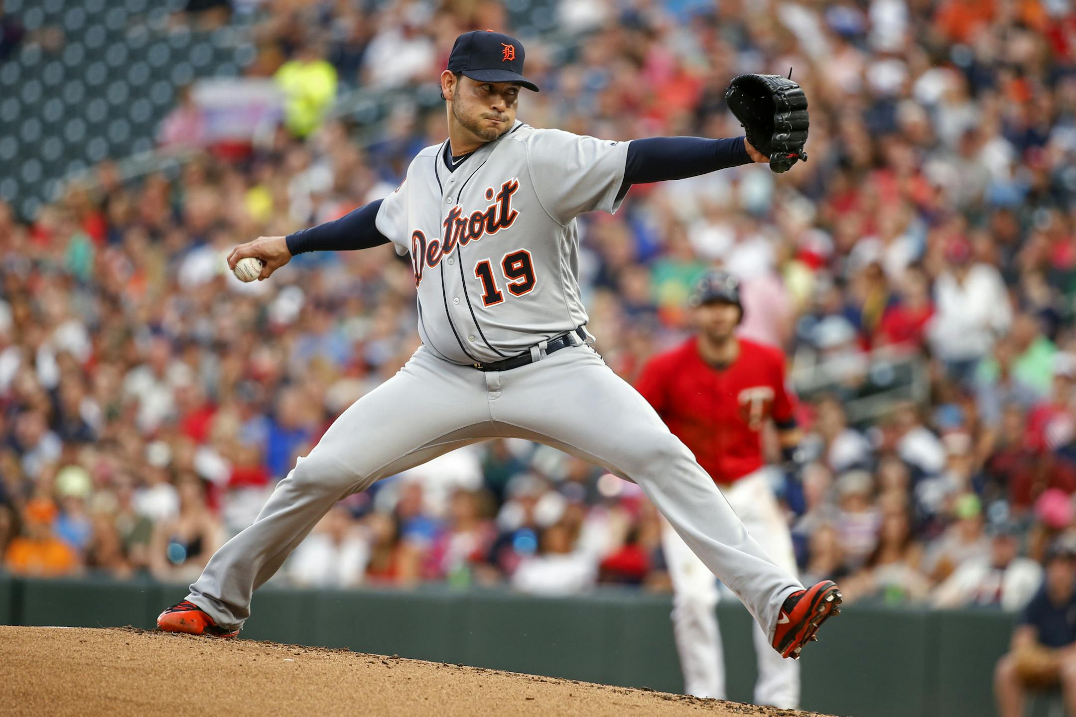 Detroit Tigers starting pitcher Anibal Sanchez throws to the Minnesota Twins in the first inning of a baseball game Friday, July 21, 2017, in Minneapolis. (AP Photo/Bruce Kluckhohn)