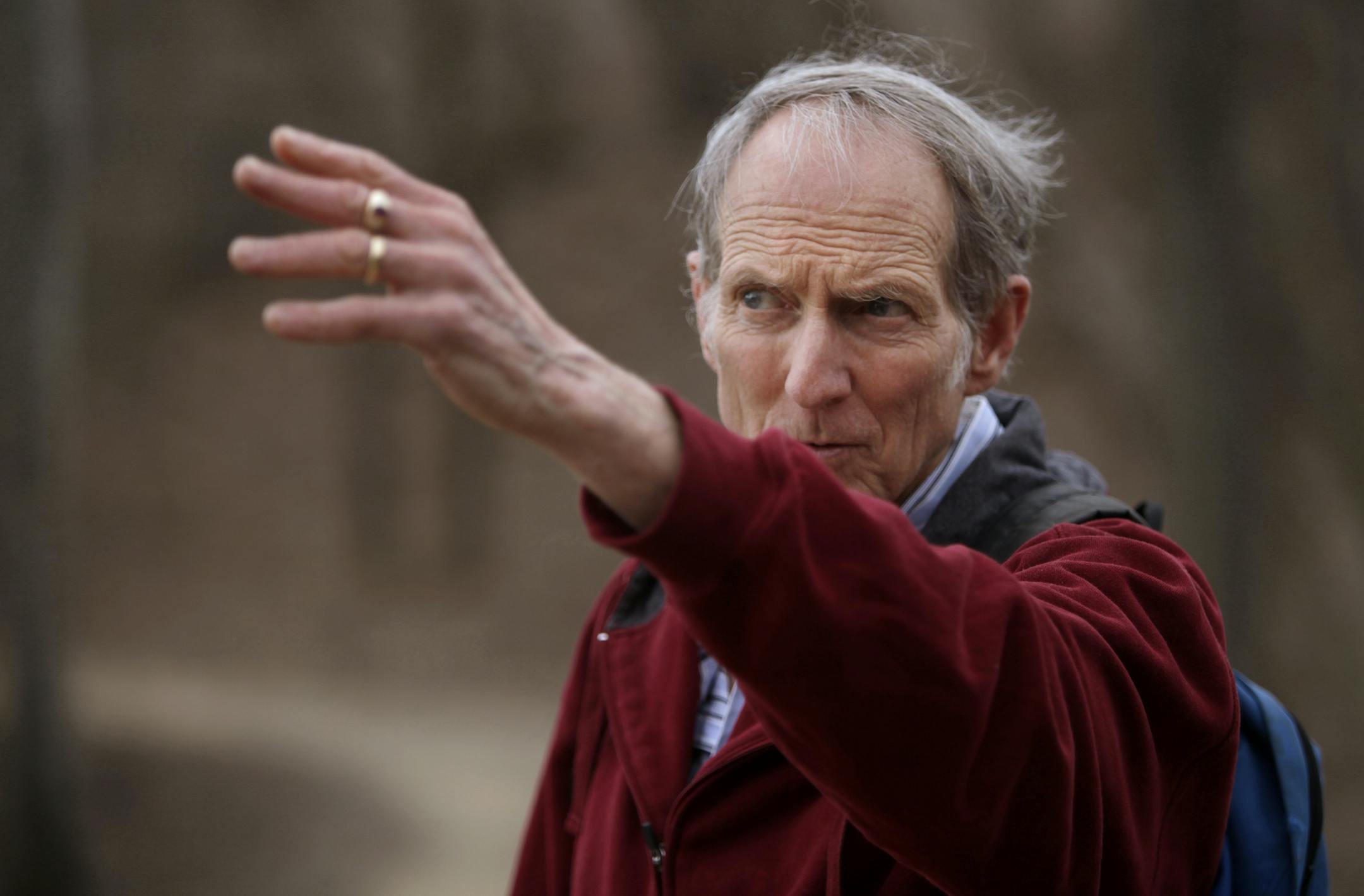 Larry Wade, a former Hopkins school teacher just published a book for children full of outdoor activities and information points out a nest that was in the trees a he walked thru Lone Lake Park in Minnetonka. April 30, 2013. ] JOELKOYAMA‚Ä¢joel koyama@startribune.com