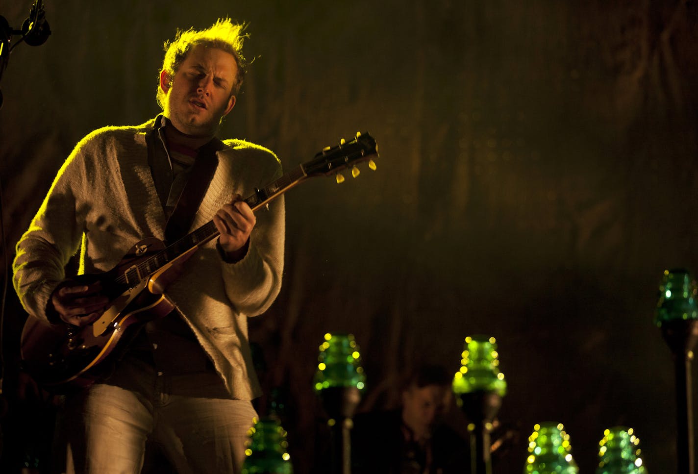 Bon Iver frontman Justin Vernon performs during the second day of the Coachella Valley Music and Arts Festival in Indio, Calif., April 14, 2012. This year's edition of the three-day music festival will repeat one week later, with identical line-up and set times, plus many of the concerts were live-streamed on a dedicated Coachella YouTube channel. (Damon Winter/The New York Times) ORG XMIT: MIN2013090914502764