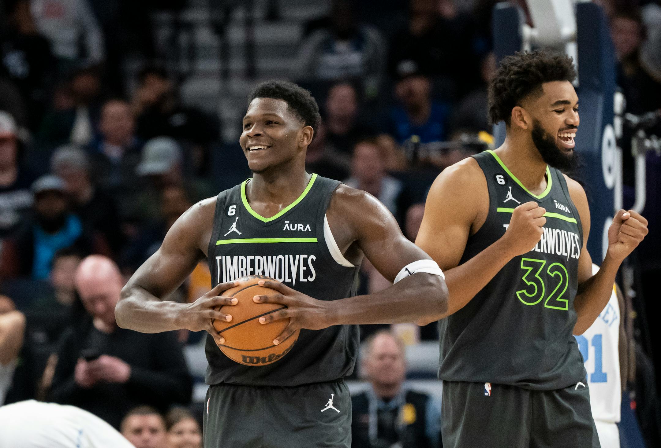 Minnesota Timberwolves forward Anthony Edwards (1) reacts after stealing the ball from the Los Angeles Lakers in the fourth quarter. He did get a personal foul on the play.
