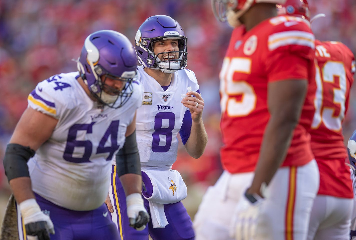 Vikings quarterback Kirk Cousins yelled over a loud crowd to call a play in the fourth quarter. ] ELIZABETH FLORES • liz.flores@startribune.com Vikings at Kansas City Chiefs at Arrowhead Stadium, Sunday, November 3, 2019 in Kansas City, MO.