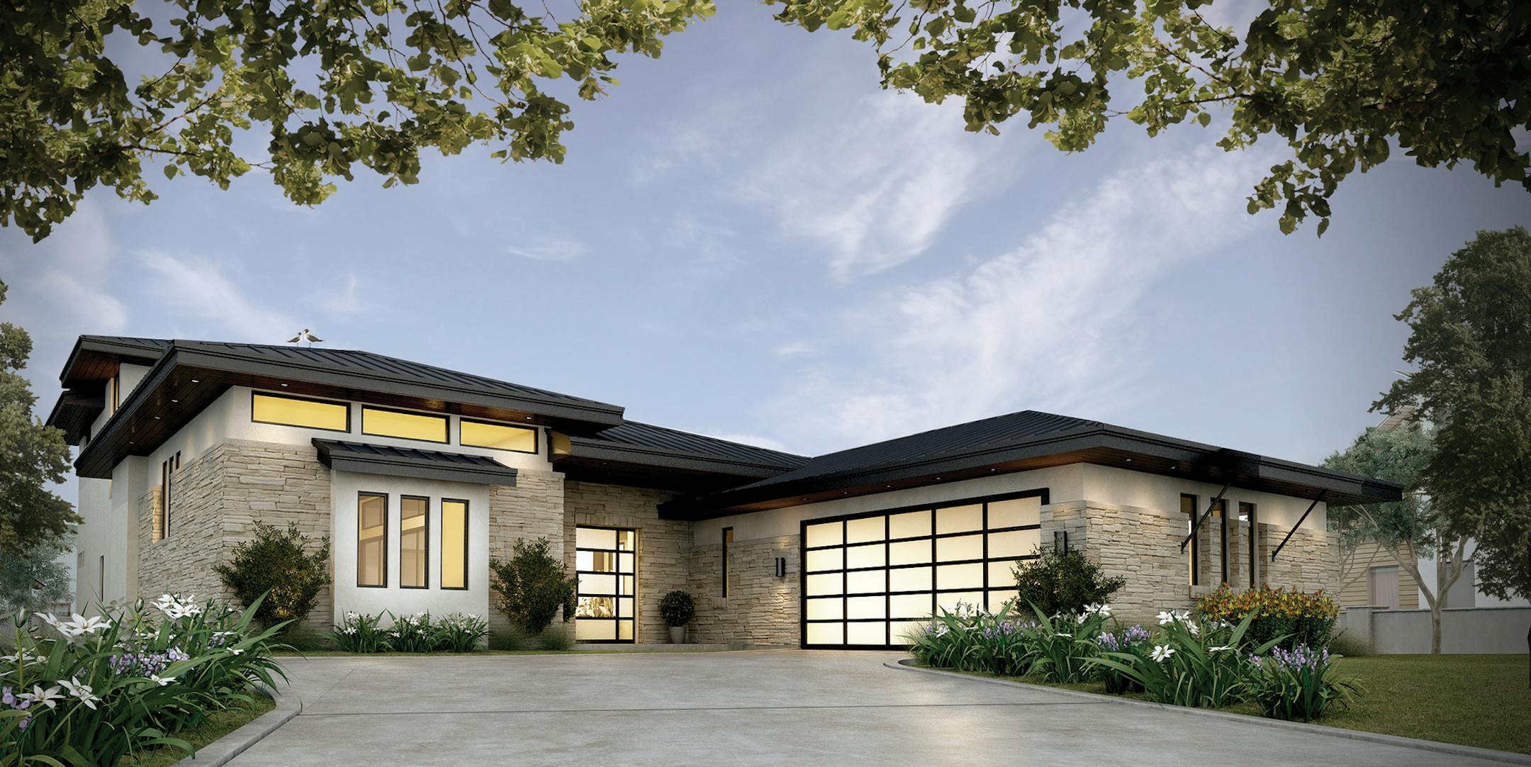 Sleek contemporary styling on the exterior interprets classic Prairie details, such as horizontal windows and a low-pitched roof, for today.