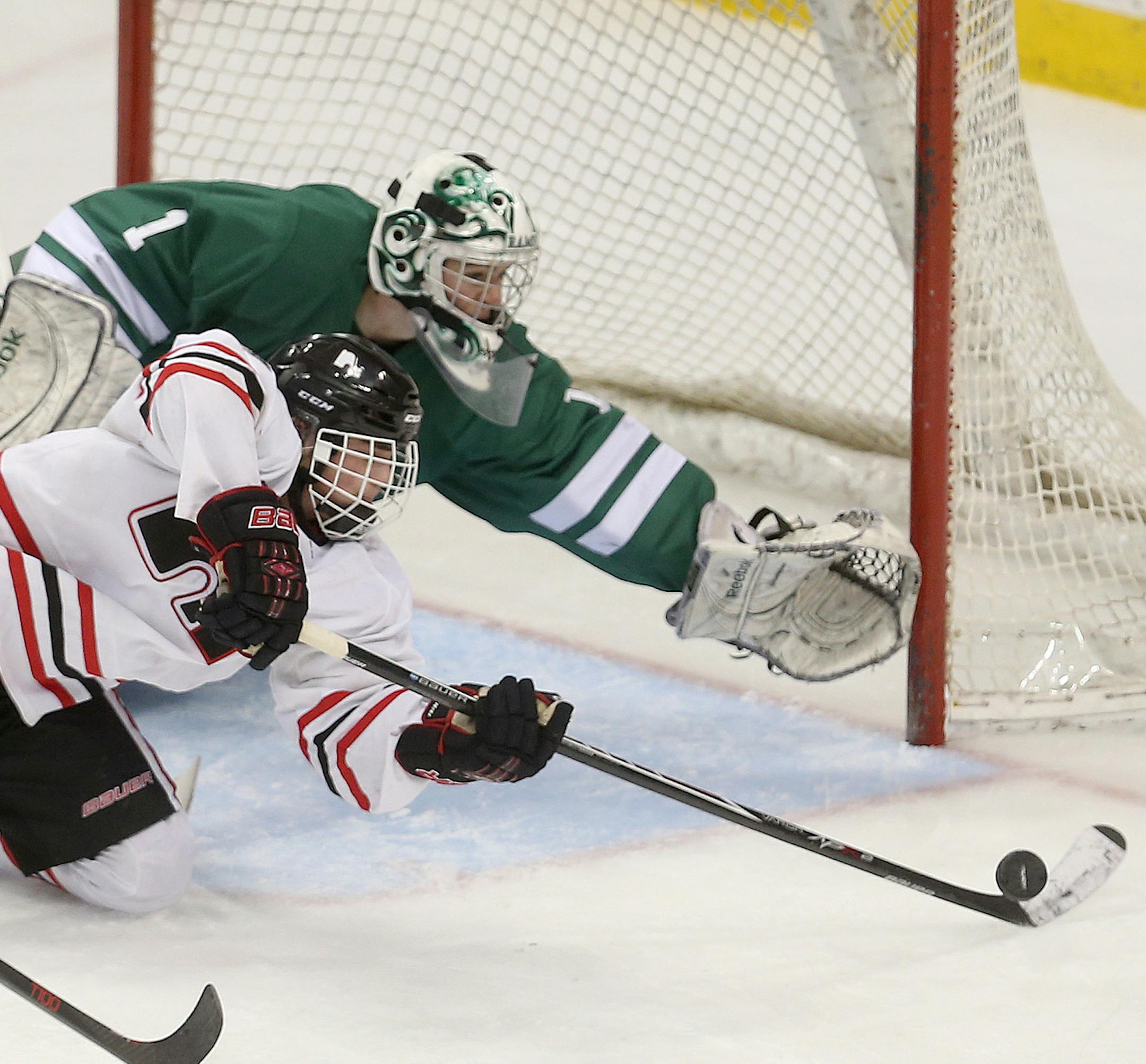 Lakeville North's Nick Poehling, left, and Roseau's goalie Ryan Anderson battled for possession at the net during the third period of the Class 2A boys' hockey state tournament at the Xcel Energy Center, Thursday, March 6, 2014. ] (ELIZABETH FLORES/STAR TRIBUNE) ELIZABETH FLORES • eflores@startribune.com