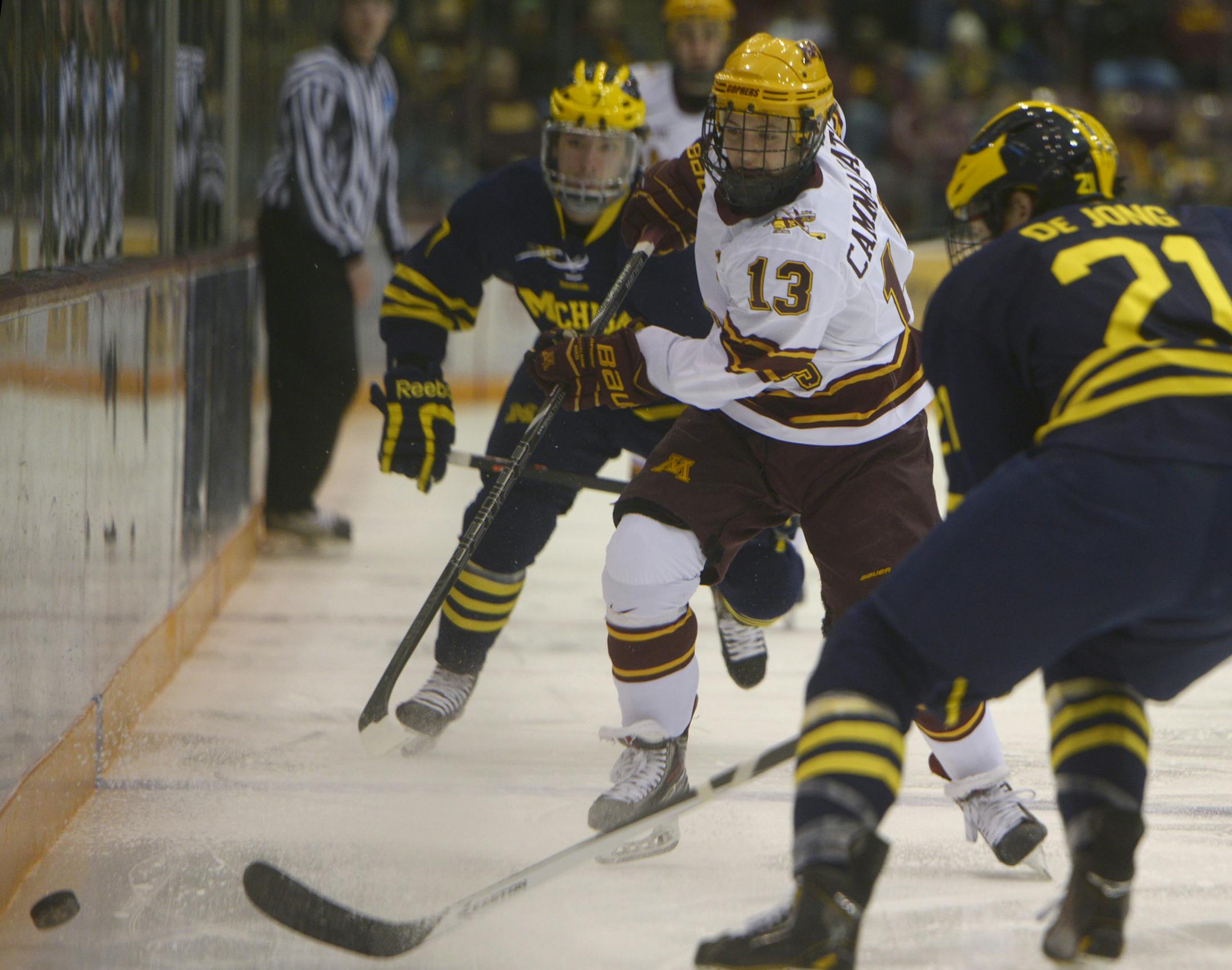 Minnesota's Taylor Cammarata fights for the puck in the first period of the Minnesota Gophers men's hockey game vs. Michigan Wolverines on Saturday, February 15, 2014 in Minneapolis, Minn.