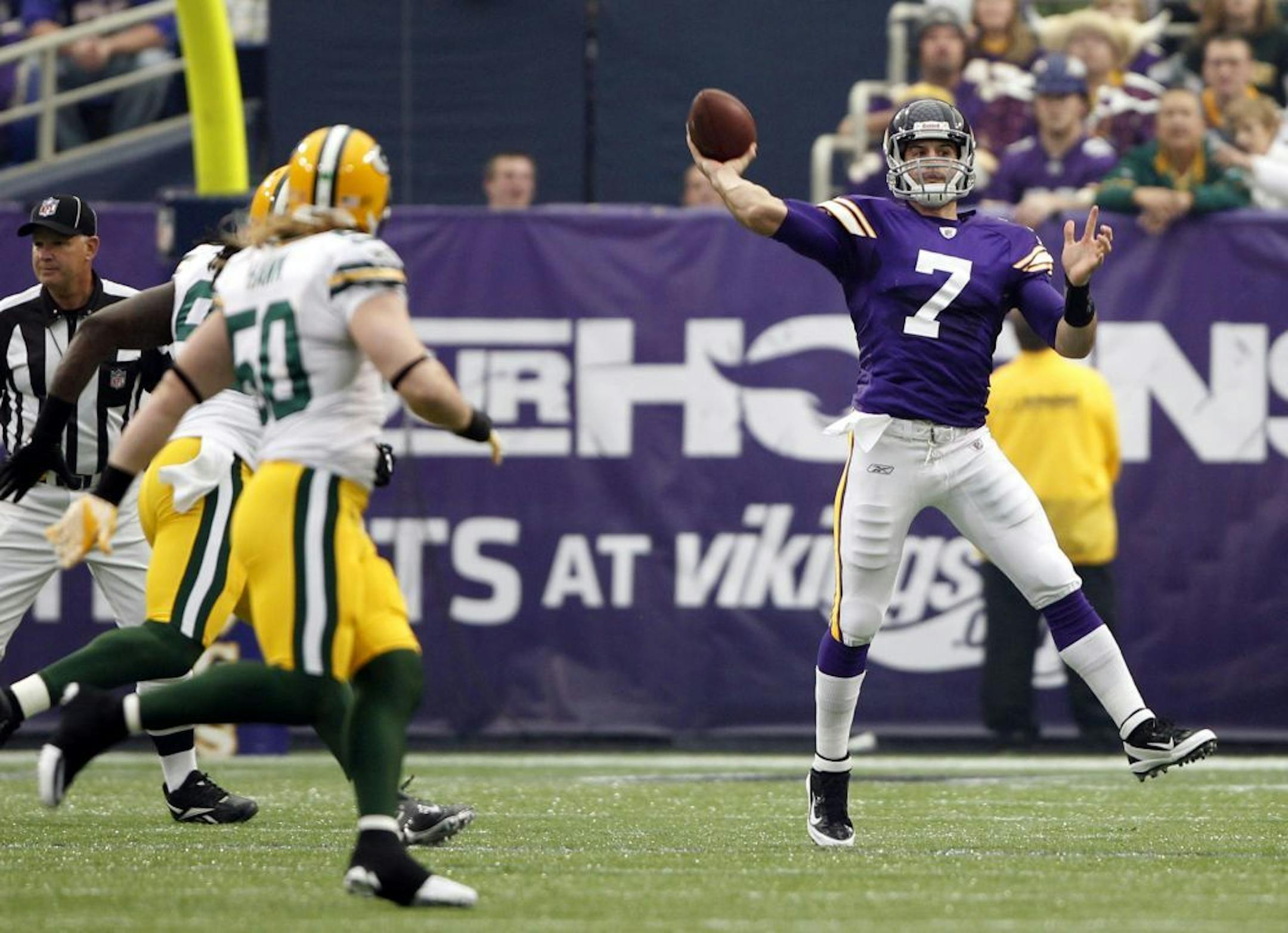Vikings quarterback Christian Ponder threw a 73-yard pass to Michael Jenkins on the first play of the game. The Green Bay Packers defeated the Minnesota Vikings, 33-27, at Mall of America Field in Minneapolis, Minnesota, on Sunday, October 23, 2011.