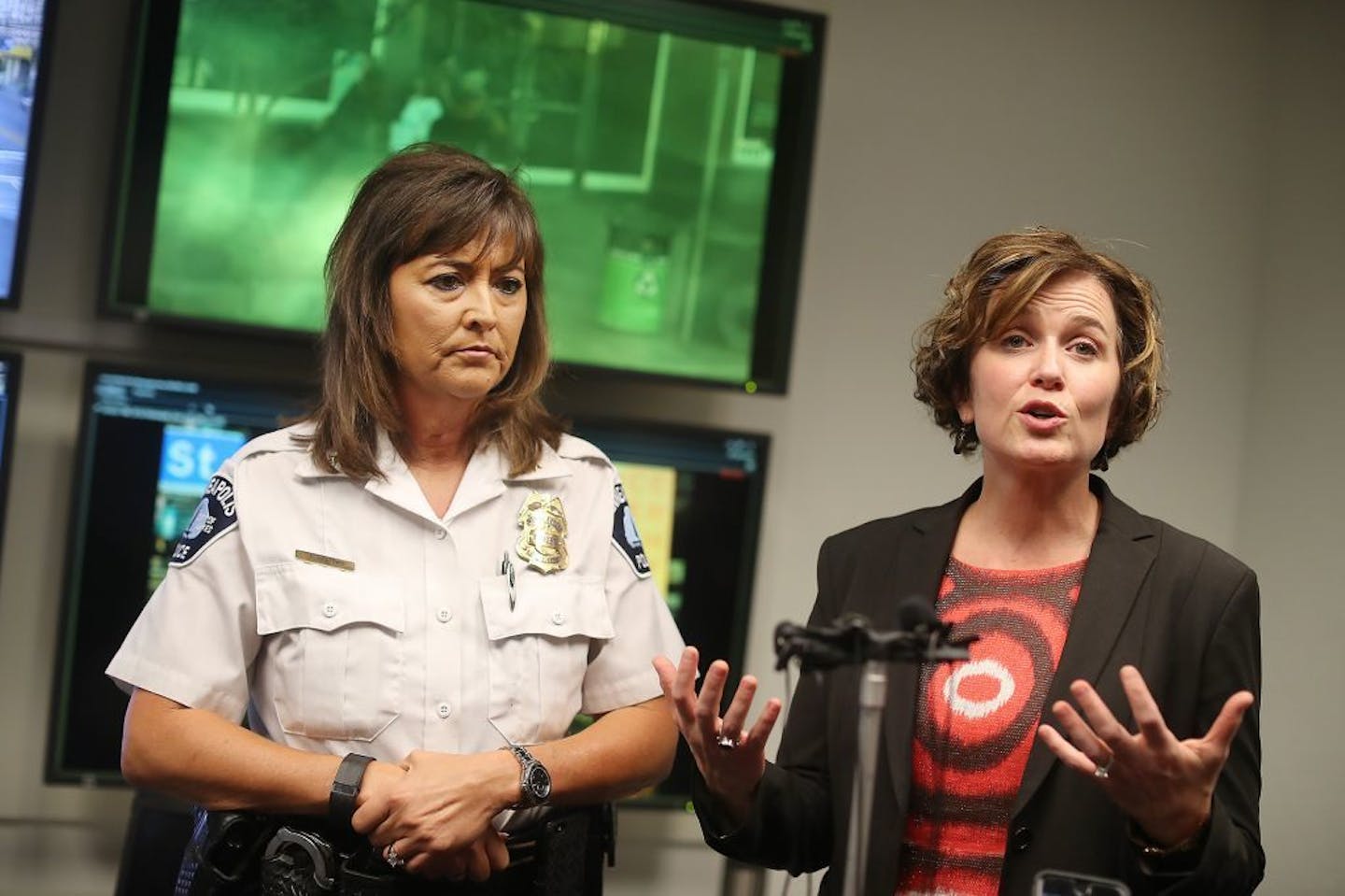 Mayor Betsy Hodges and Chief Janee Harteau held a news conference to address downtown crime following the latest shootings that left six injured in a room where Police cameras are being monitored at the First Precinct HQ, Monday, October 3, 2016 in Minneapolis, MN.