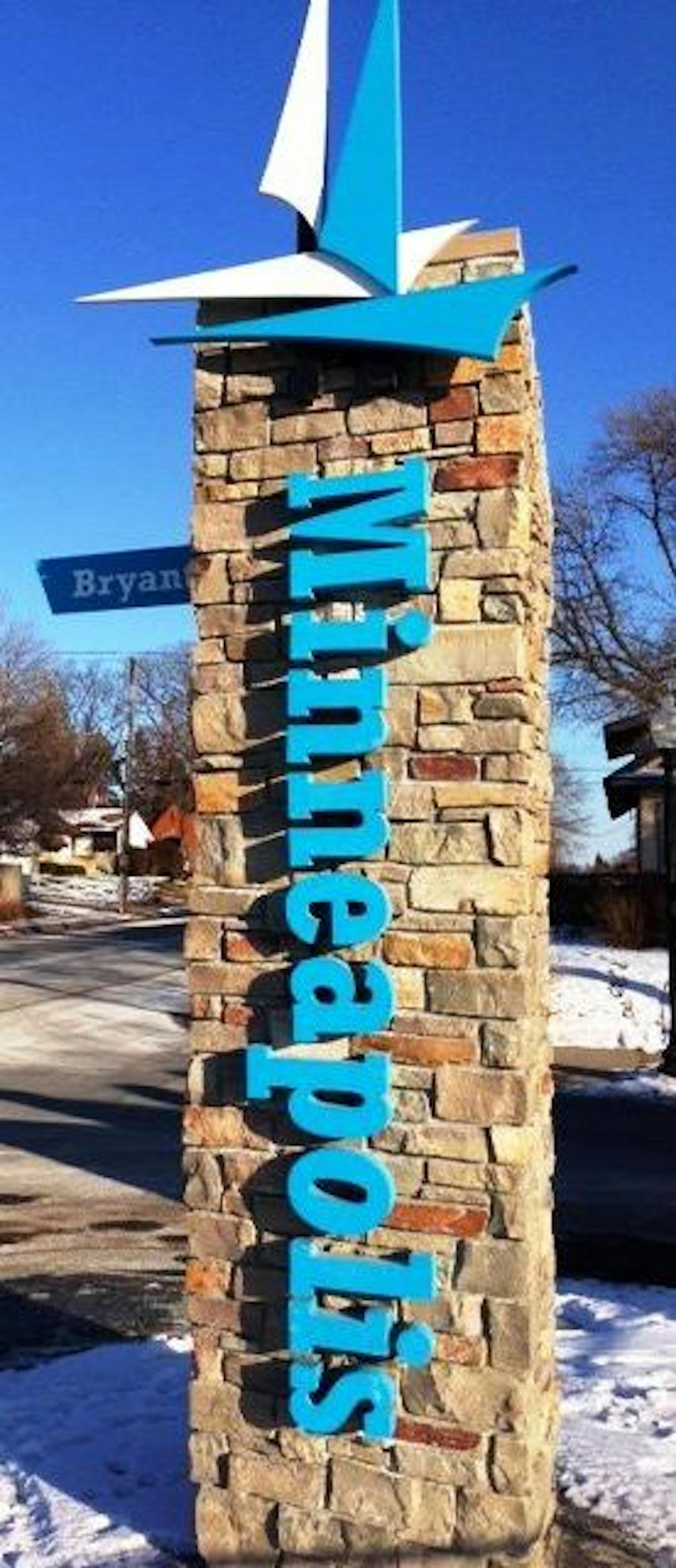 This is one of the gateway monuments installed recently alongside Interstate 35W. This monument at E. 42nd Street includes the city's sailboat logo and the names of the adjacent Bryant and Frield Regina Northrop neighborhoods.