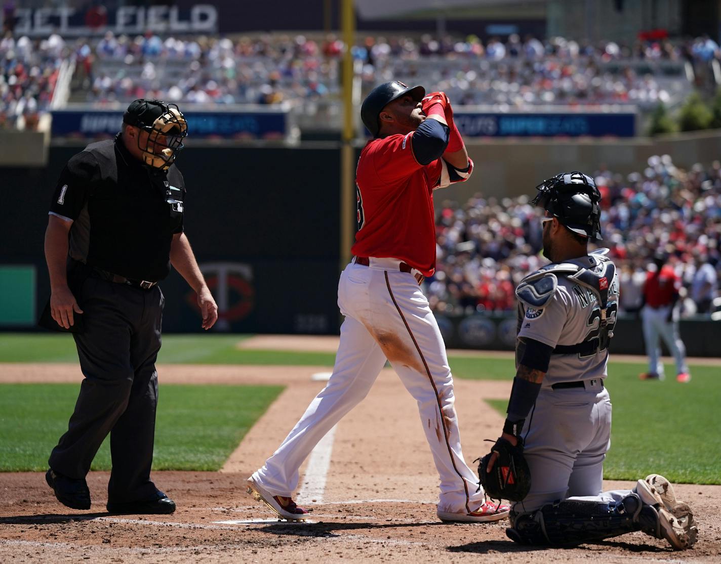 Minnesota Twins designated hitter Nelson Cruz (23) celebrated as he crossed home plate after hitting a home run in the third inning. ] ANTHONY SOUFFLE &#x2022; anthony.souffle@startribune.com The Minnesota Twins played the Seattle Mariners in an MLB game Thursday, June 13, 2019 at Target Field in Minneapolis.