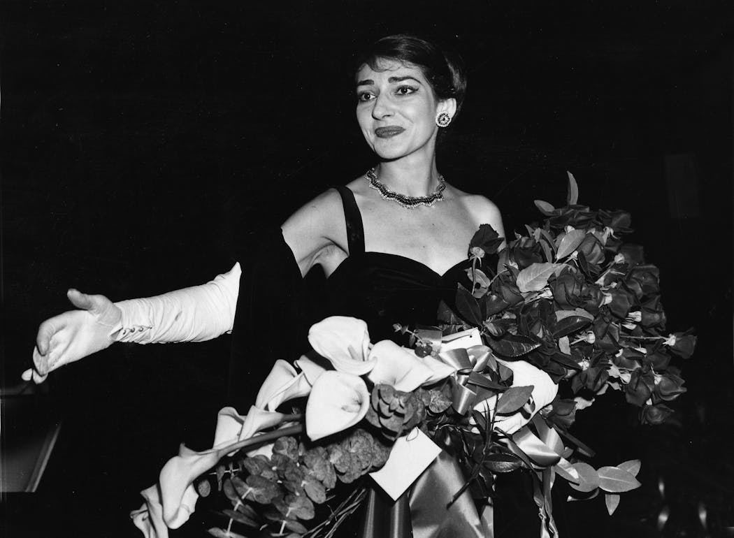 Maria Callas, Opera singer shown at curtain call after her concert at the Chicago Civic Opera House in 1958.