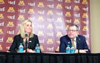 University of Minnesota President Eric Kaler, right, with interim A.D. Beth Goetz, seeks a strong &#x201c;tone at the top&#x201d; in a new athletic di