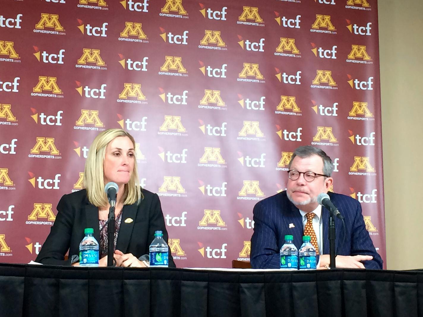 University of Minnesota President Eric Kaler, right, with interim A.D. Beth Goetz, seeks a strong &#x201c;tone at the top&#x201d; in a new athletic director.