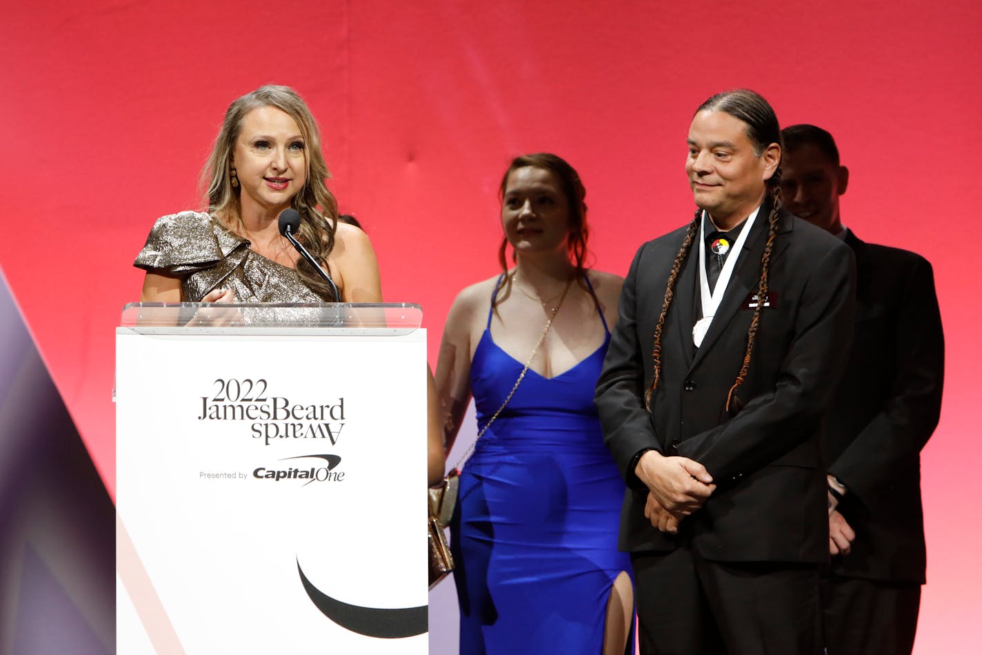 CHICAGO, ILLINOIS - JUNE 13: Krystle Mobayeni and Millie Peartree speak onstage with winner Owamni during the 2022 James Beard Restaurant and Chef Awards at Lyric Opera of Chicago on June 13, 2022 in Chicago, Illinois. (Photo by Jeff Schear/Getty Images for James Beard Foundation )